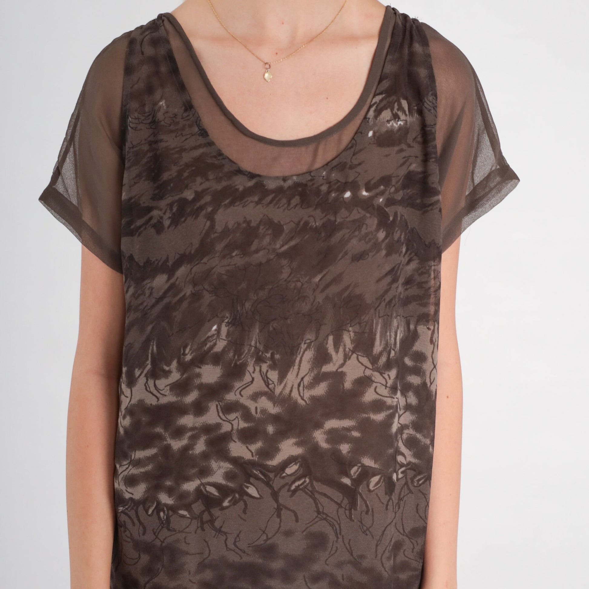 90s Zebra Print Shift Dress Brown Column Midi Short Sleeve Medium