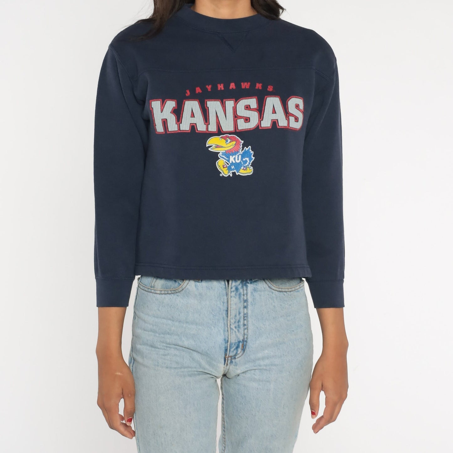 Y2K Kansas Jayhawks NCAA Football Sweatshirt Navy Crewneck Extra Small