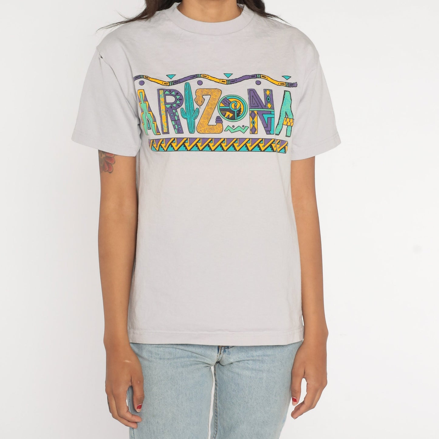 Y2K Arizona Southwestern Cactus Graphic T-Shirt Grey Cotton Medium