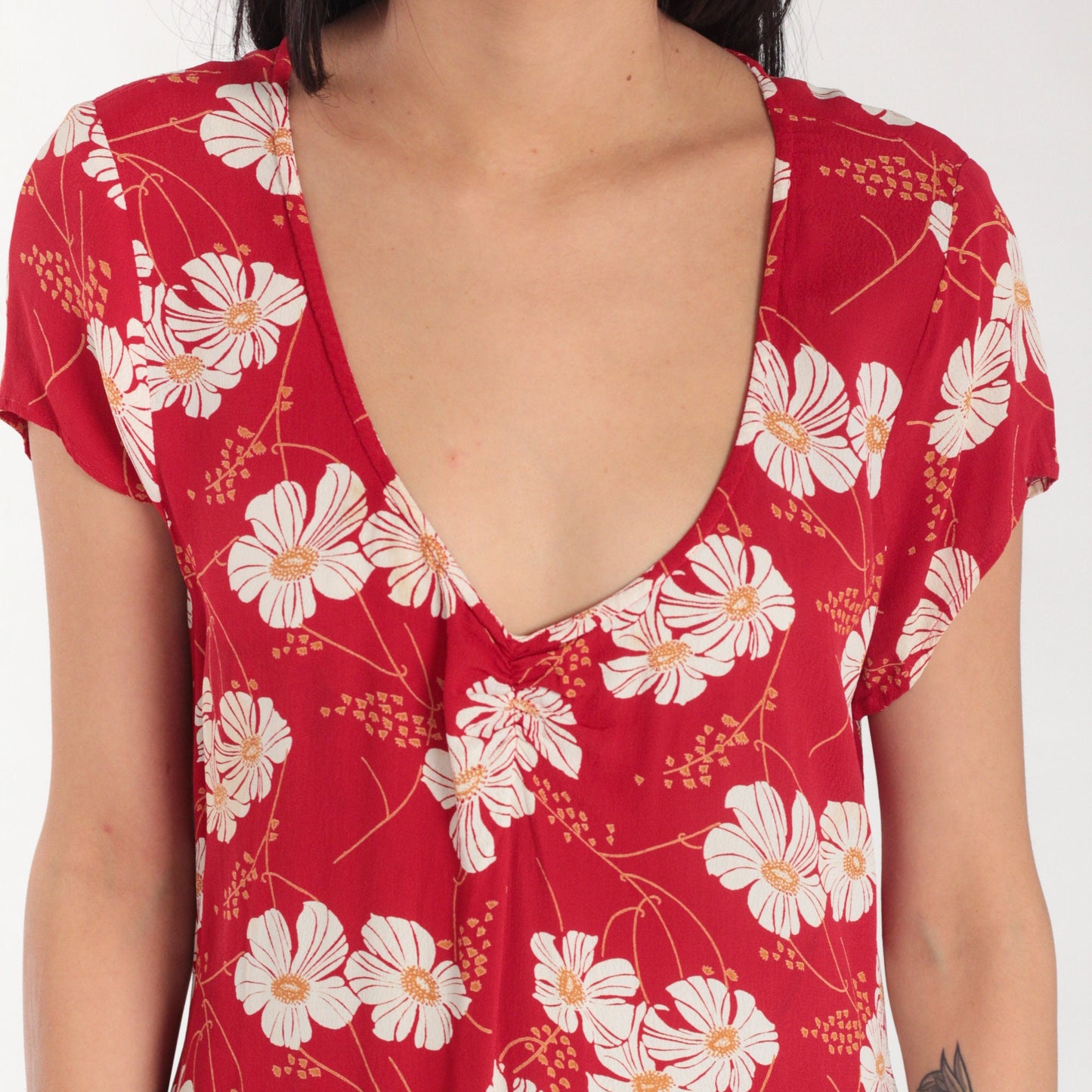 90s Red Floral Maxi Dress White Poppy Print Ruffled V-Neck Short Sleeve Small