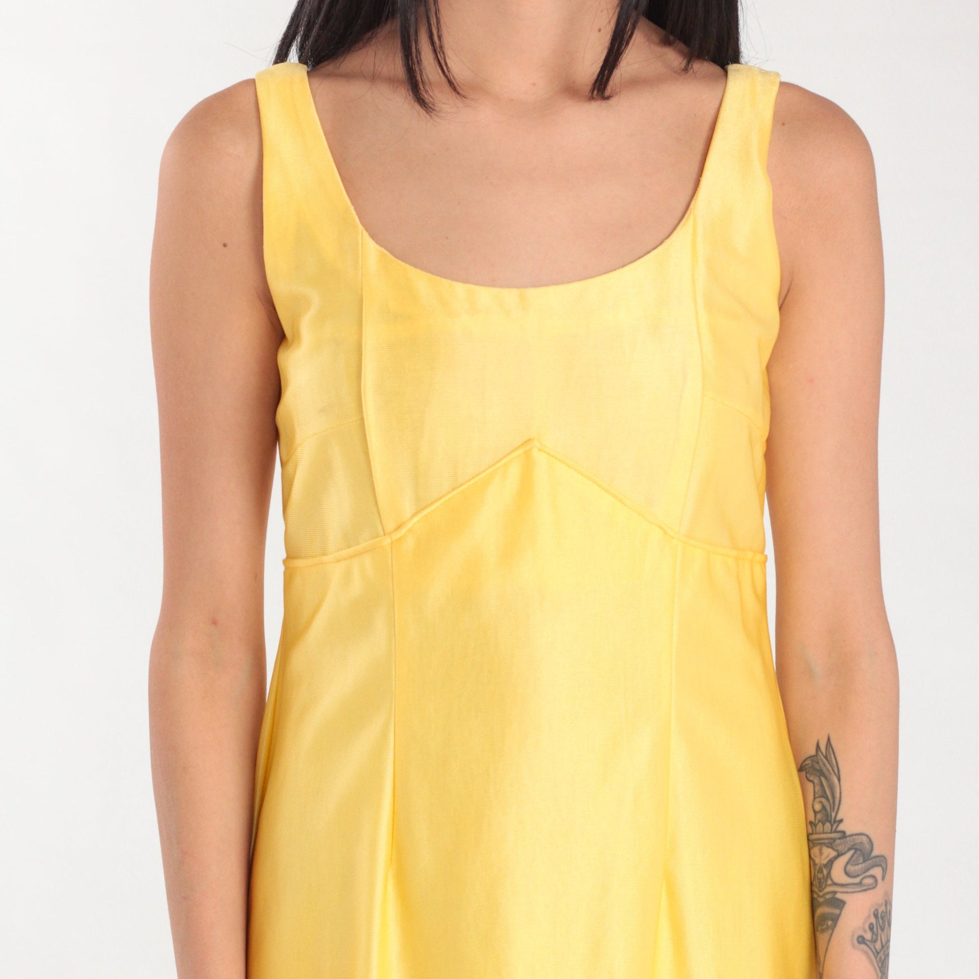 70s Yellow Empire Waist Maxi Dress Sleeveless Ankle Length Small