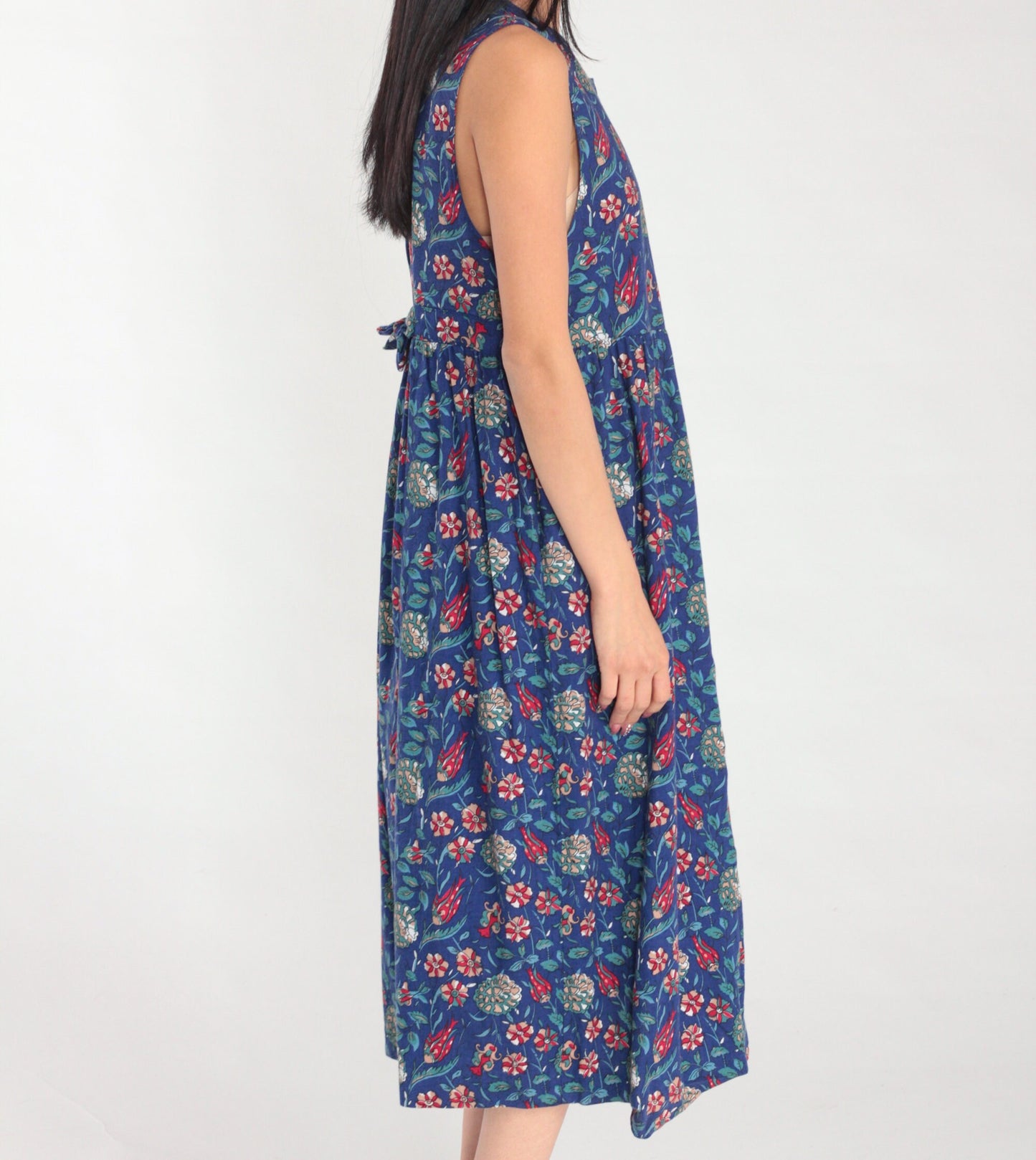 90s Laura Ashley Blue Floral Midi Dress Cotton Wool Blend Sleeveless Small S