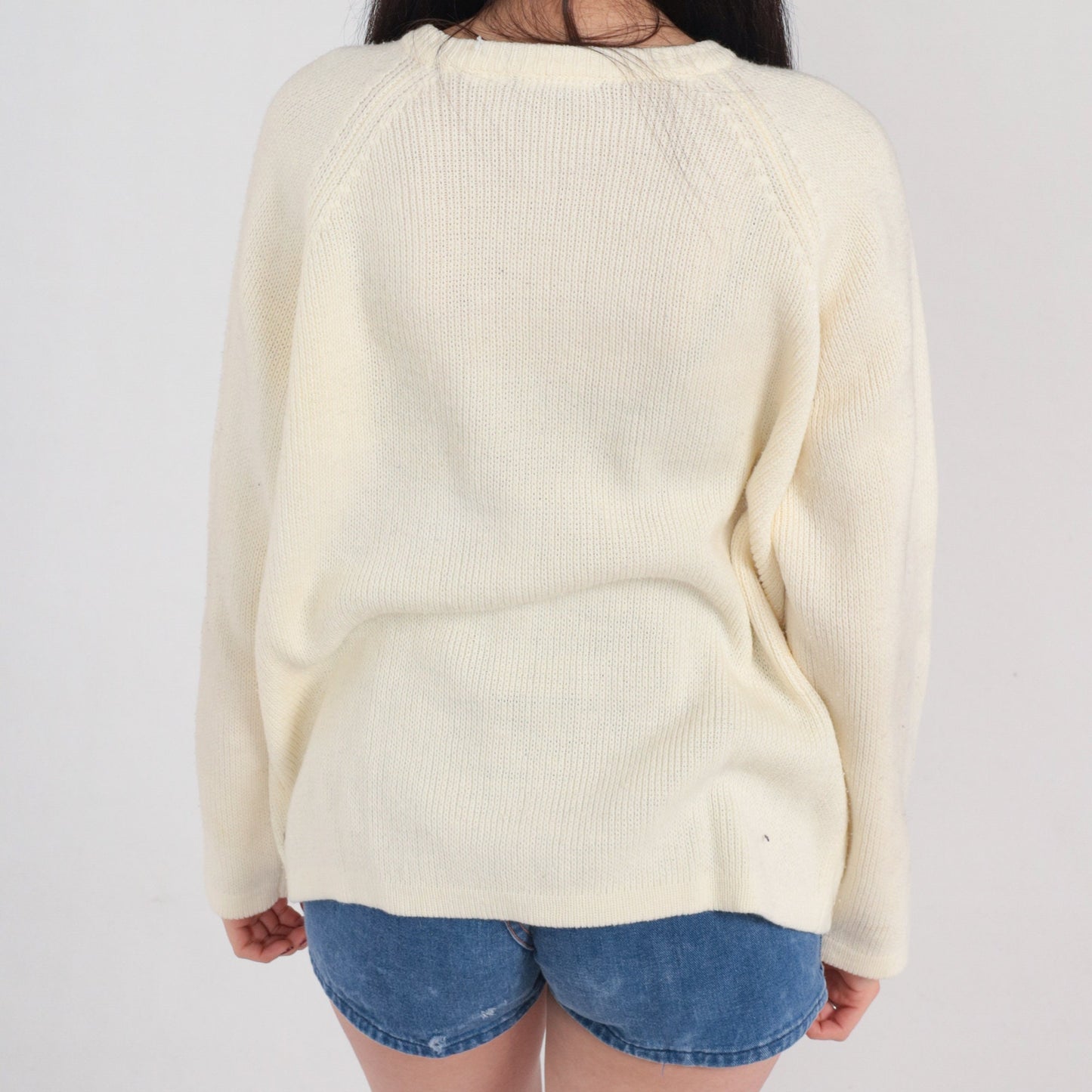 80s Off-White Pointelle Cardigan Silver Button Knit Sweater Medium Large