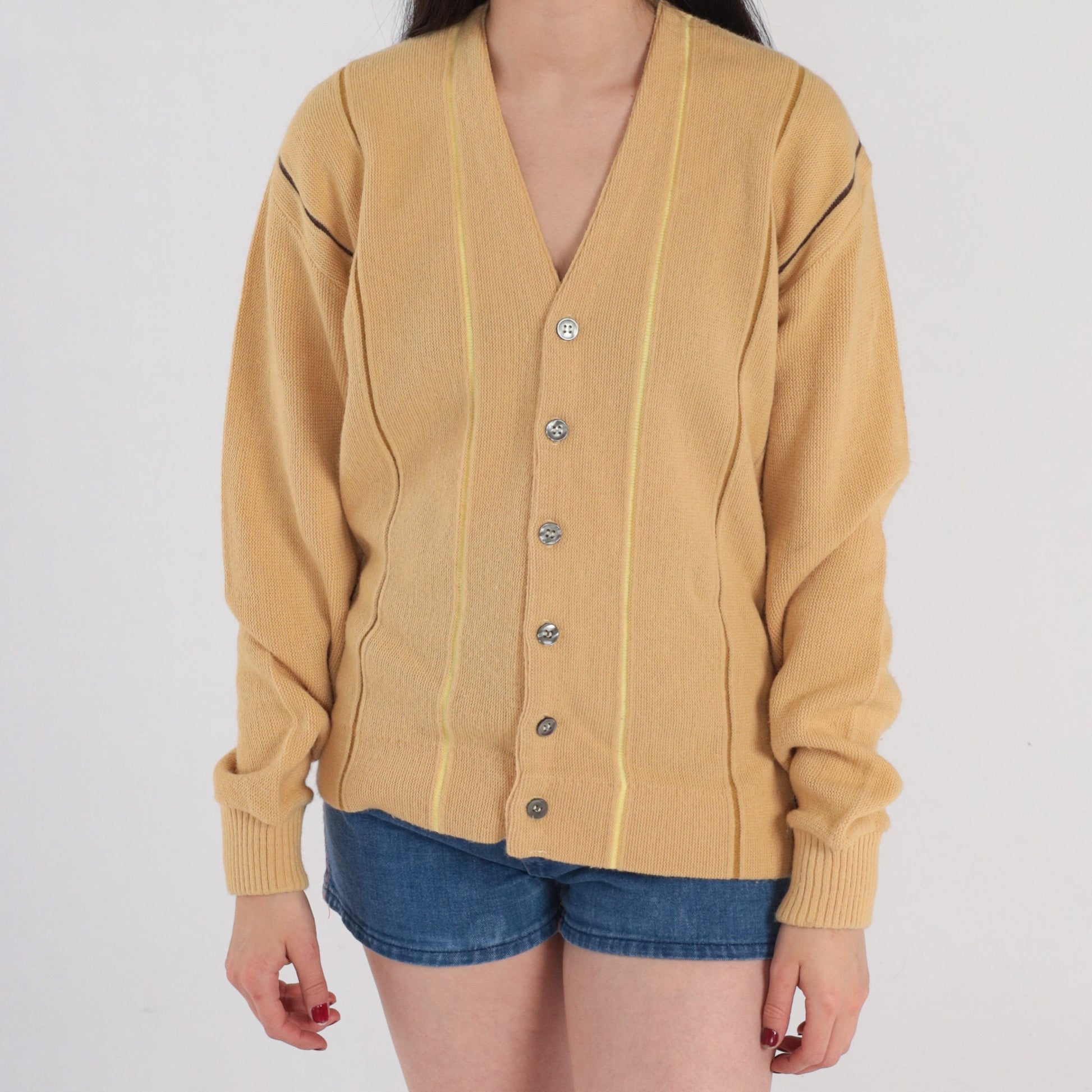 80s Striped Tan Cardigan Button-Up Knit Sweater Medium