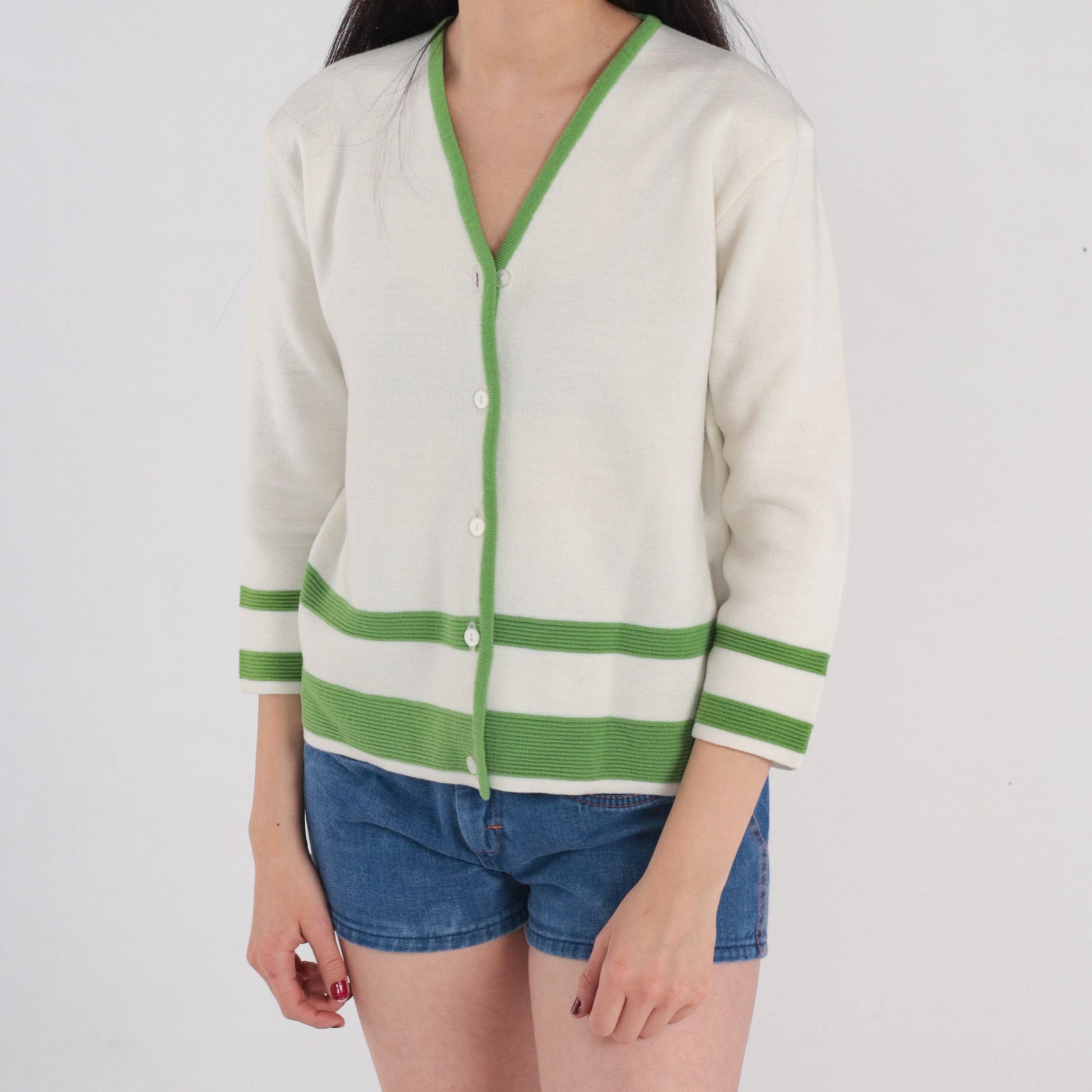 70s Wool Cardigan White Green Striped V-Neck Button-Up Knit Small S