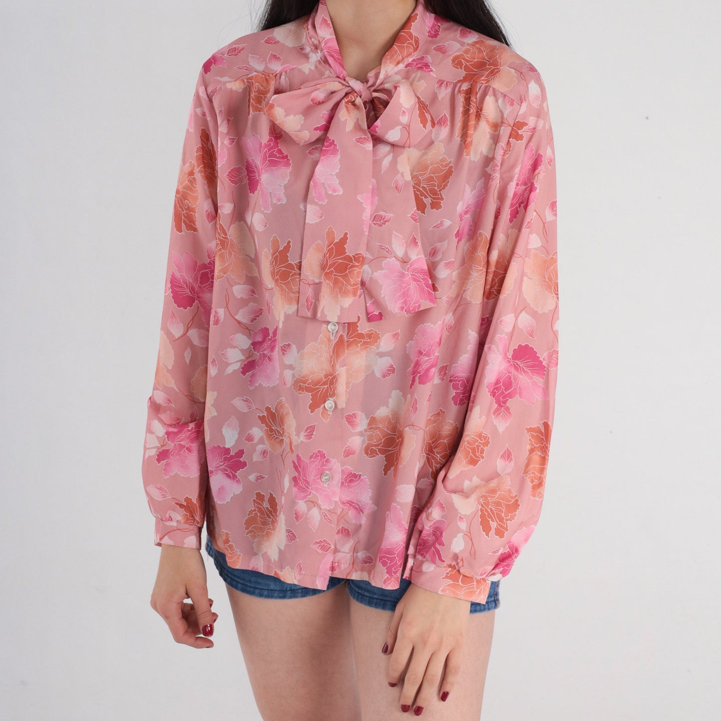 70s Pink Floral Ascot Blouse Button-Up Long Sleeve Neck Tie Shirt Medium