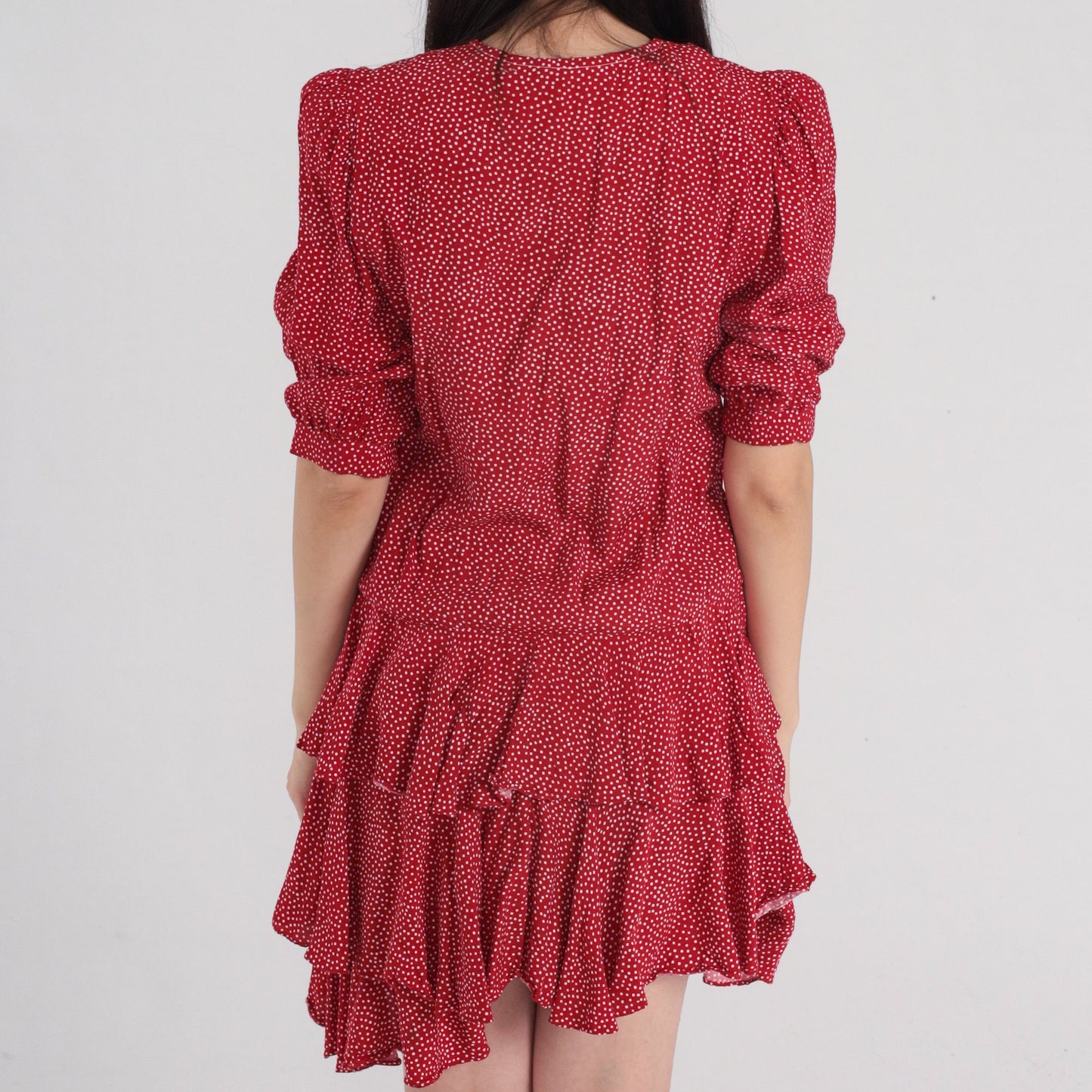 90s Red Polka Dot Mini Dress Puff Sleeve Pearl Button Drop Waist Small S