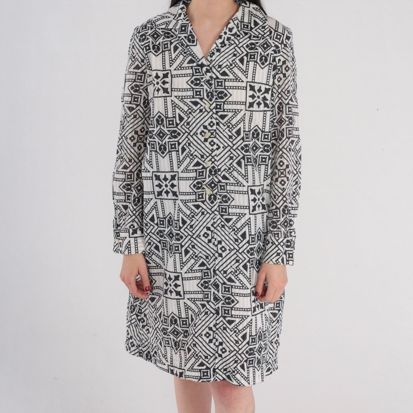 60s Byer Shift Dress Black White Geometric Mini Long Sleeve Medium