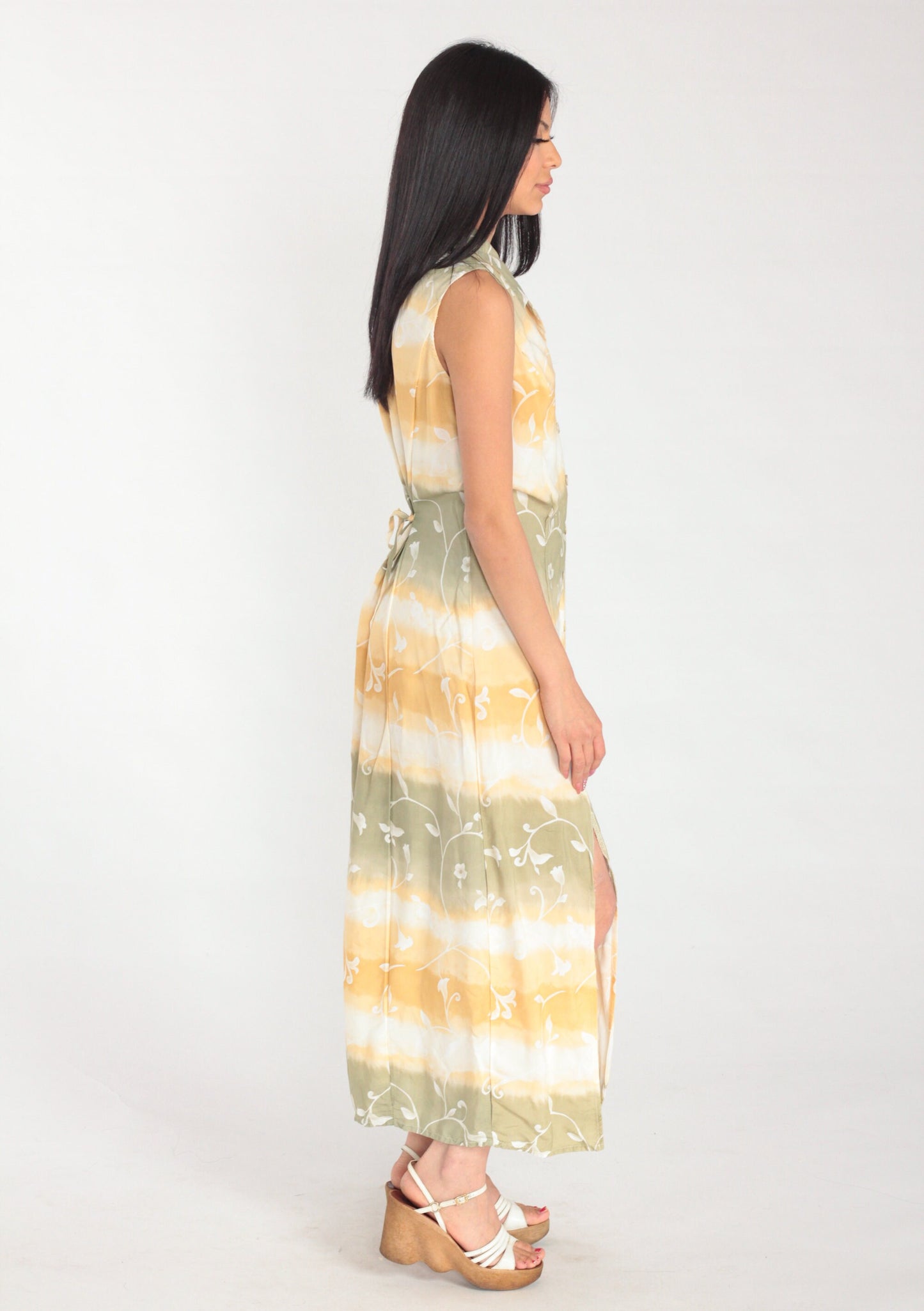 Y2K Tie-Dye Floral Maxi Shirtdress Sleeveless Button-Up Front Slit White Orange Green Medium