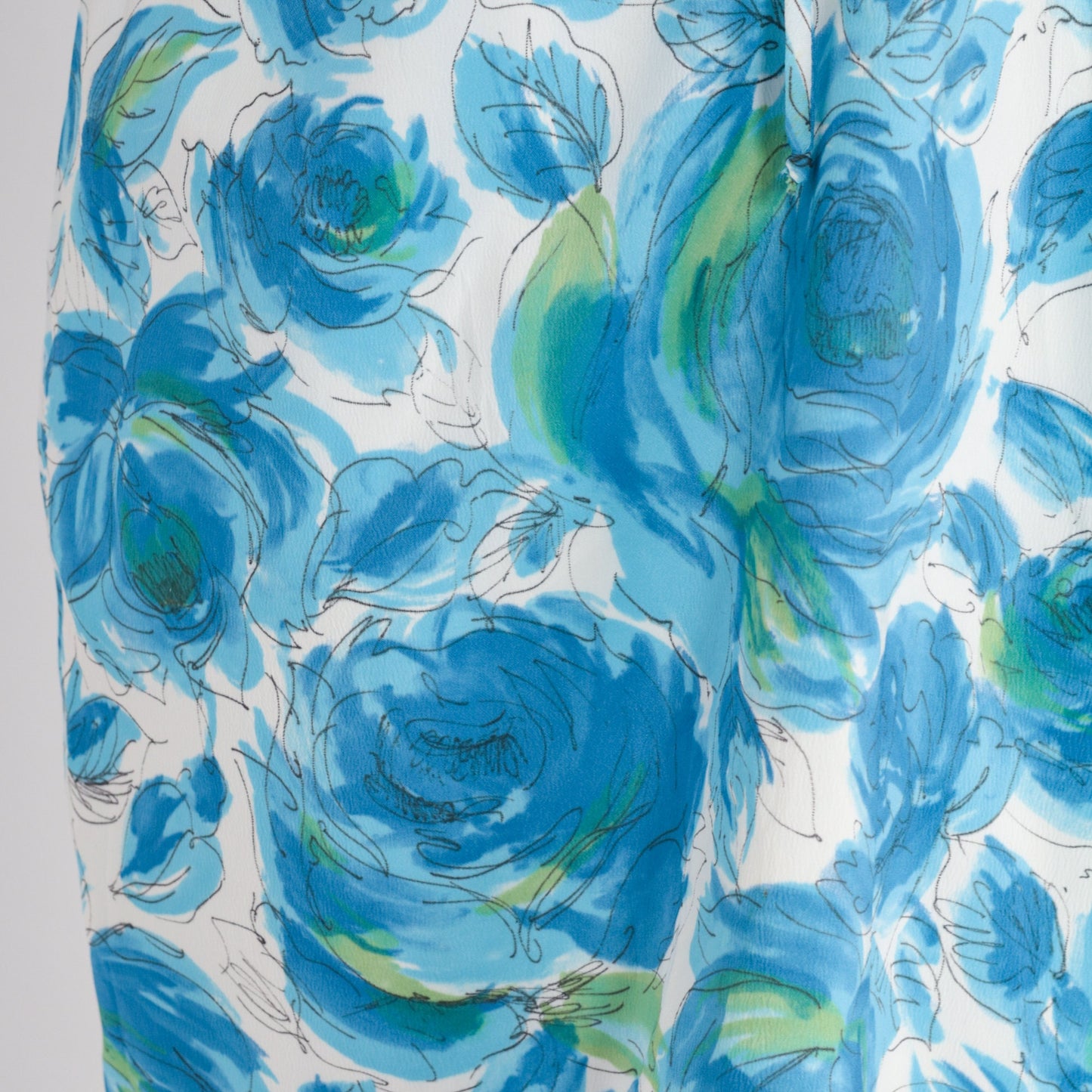 1960s Floral Pencil Dress Blue Rose Print High Waist V Neck Ruffled Medium M