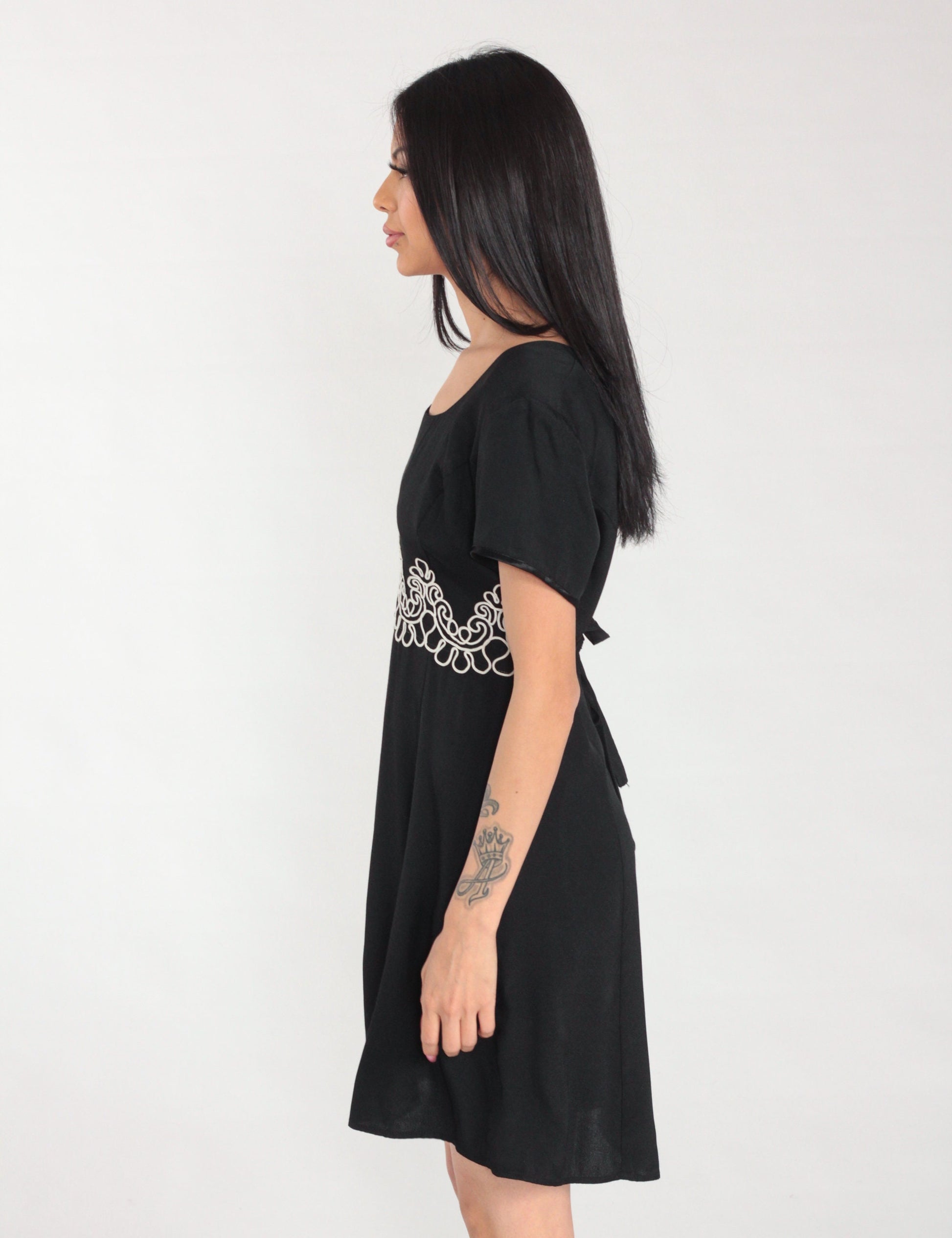 90s Black Mini Dress Soutache Trim Short Sleeve Shift Medium M