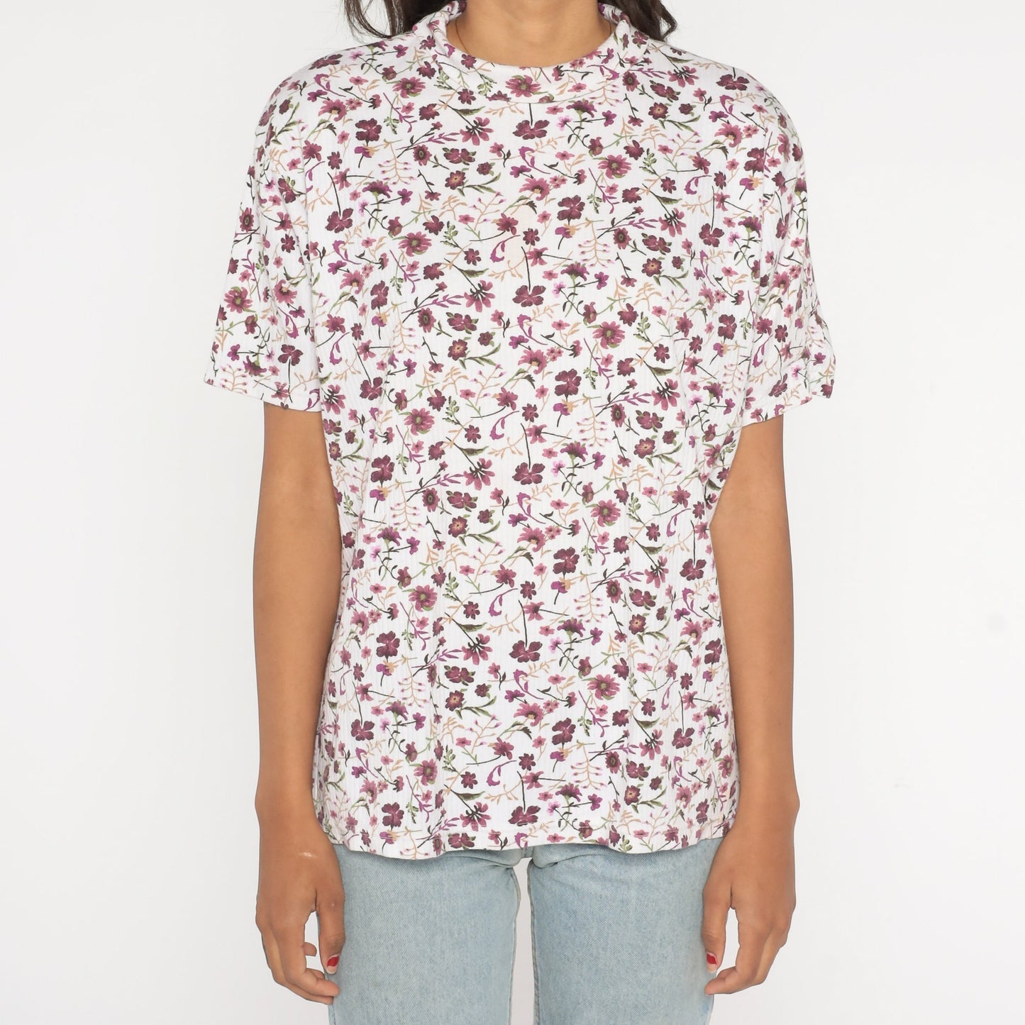 90s Floral T-Shirt White Purple Graphic Ribbed Fold-Over Collar Extra Large XXL
