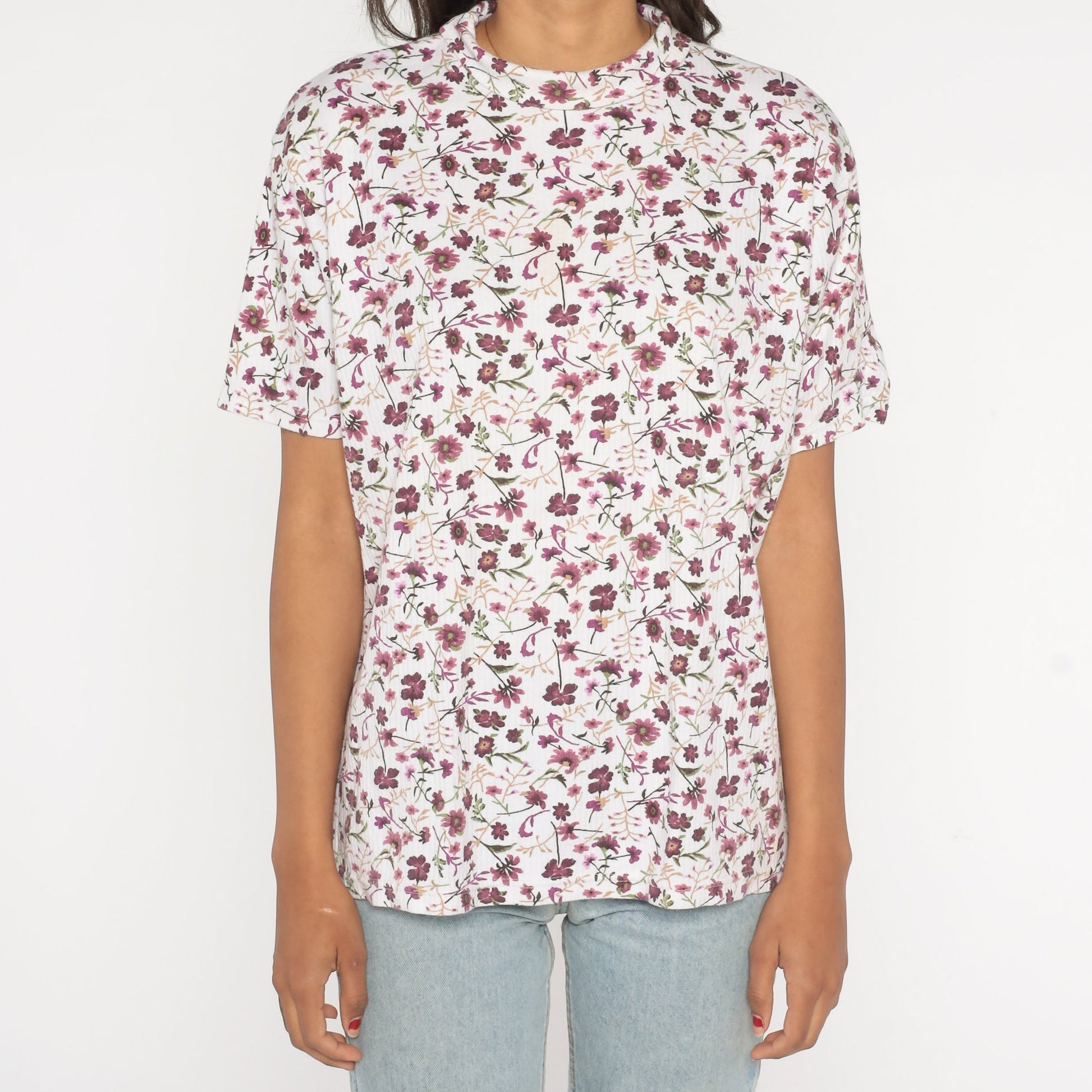 90s Floral T-Shirt White Purple Graphic Ribbed Fold-Over Collar Extra Large XXL