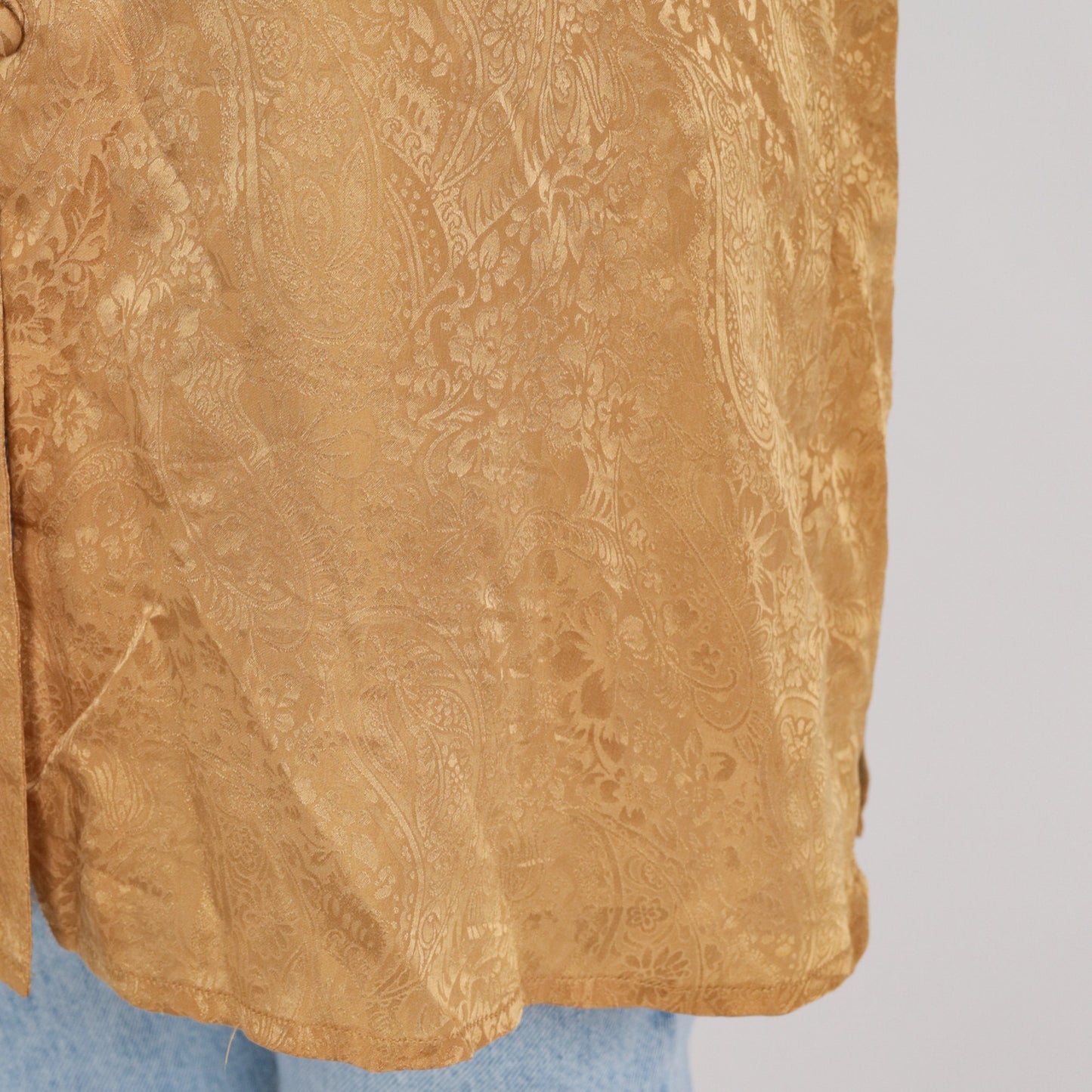 90s Gold Silk Tunic Blouse Embossed Paisley Floral Button-Up Long Sleeve Large L