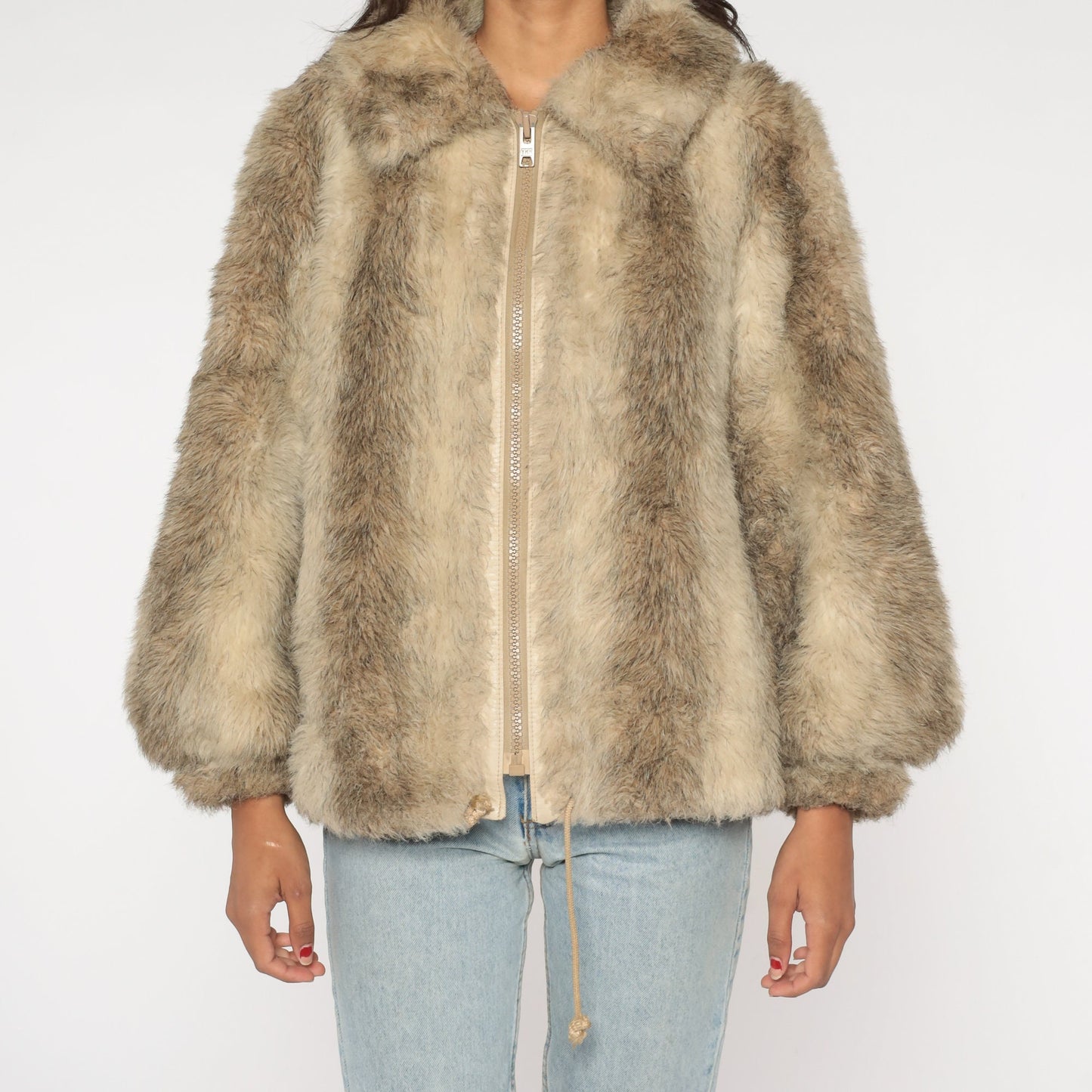 70s Striped Faux Fur Coat Taupe Cream Satin Lined Winter Jacket Medium
