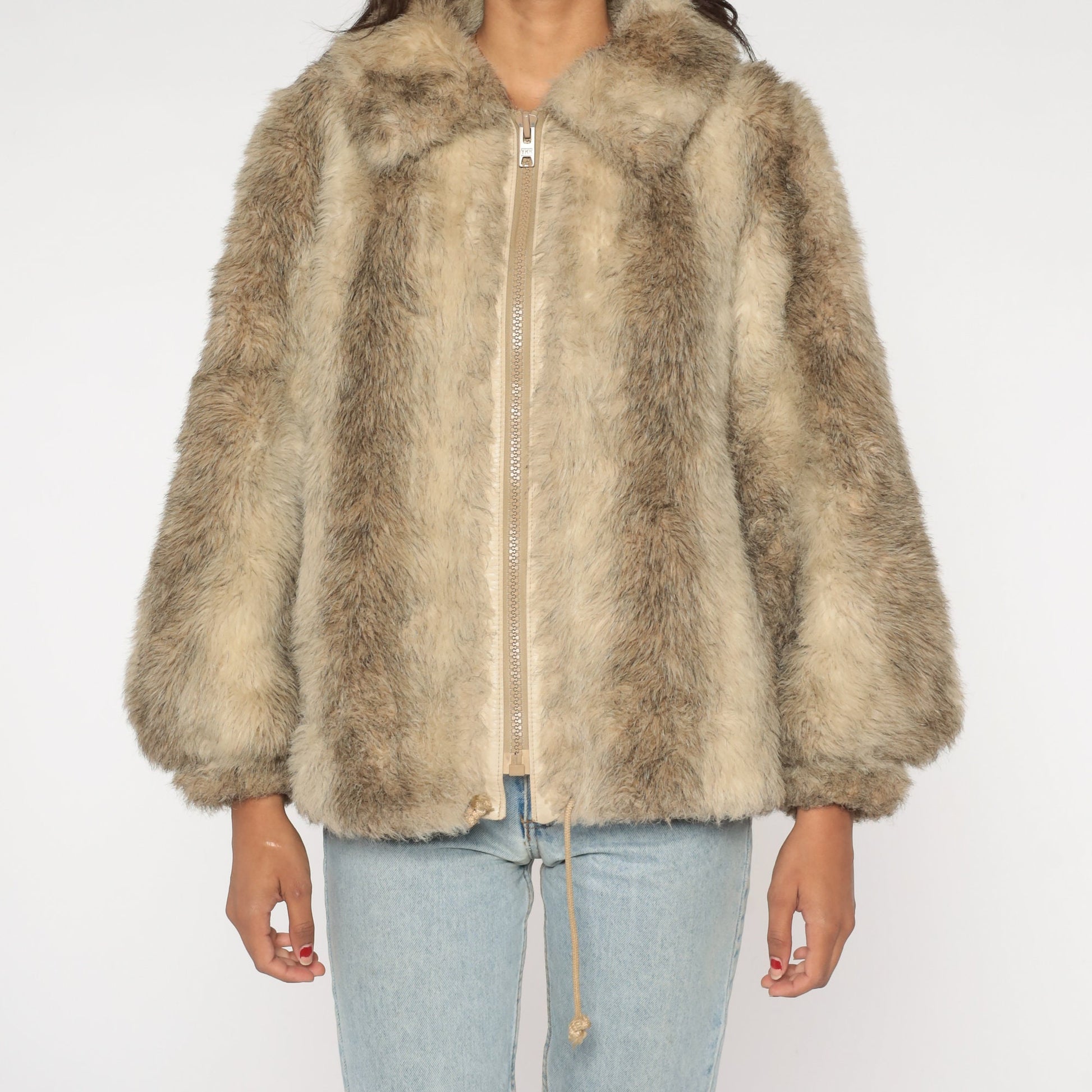 70s Striped Faux Fur Coat Taupe Cream Satin Lined Winter Jacket Medium