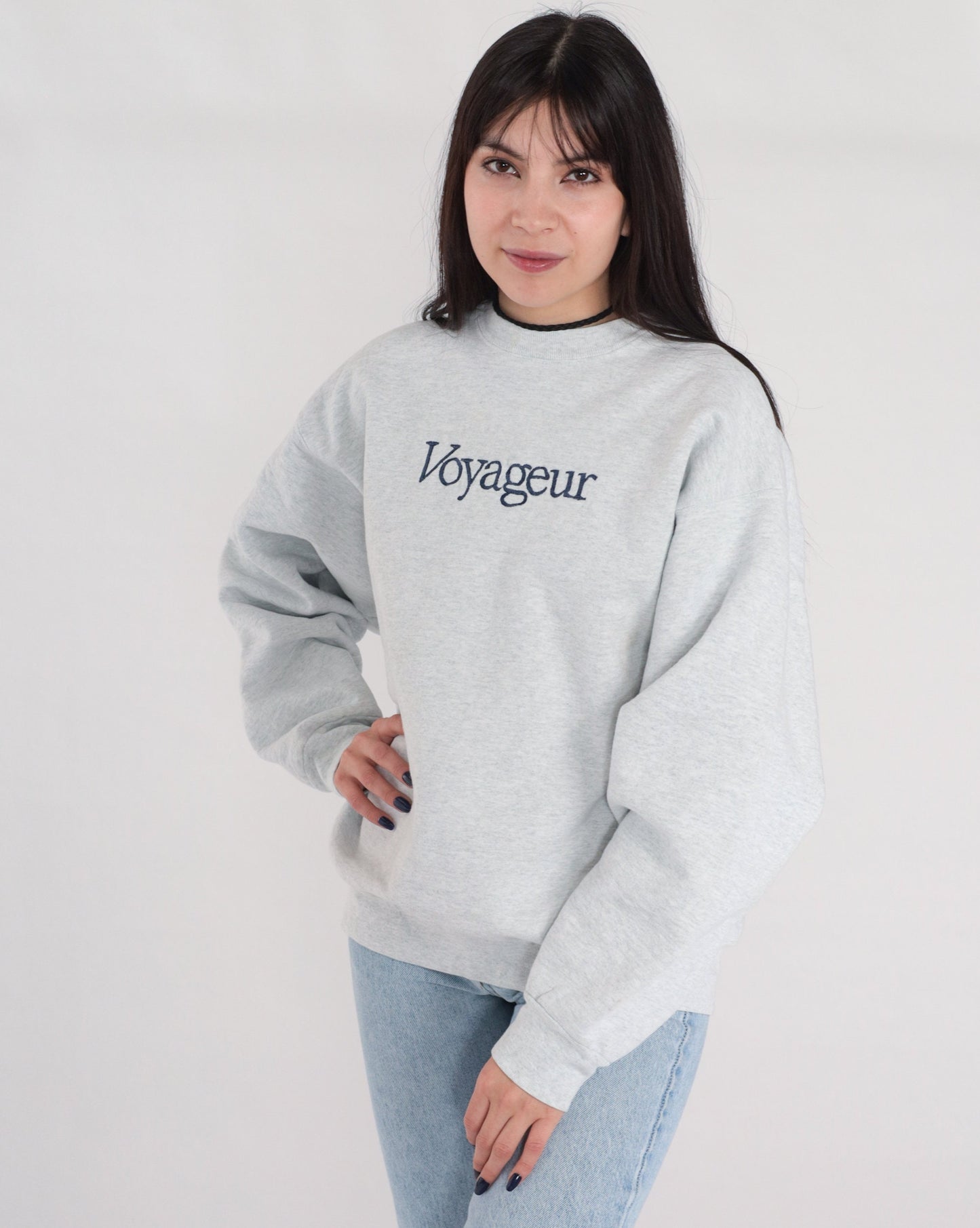 90s Voyageur Embroidered Sweatshirt Heather Grey Crewneck Pullover Large L