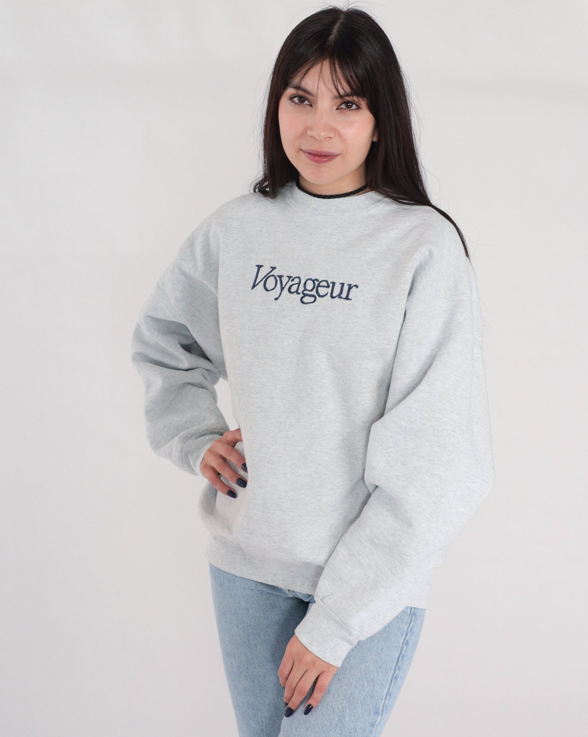 90s Voyageur Embroidered Sweatshirt Heather Grey Crewneck Pullover Large L