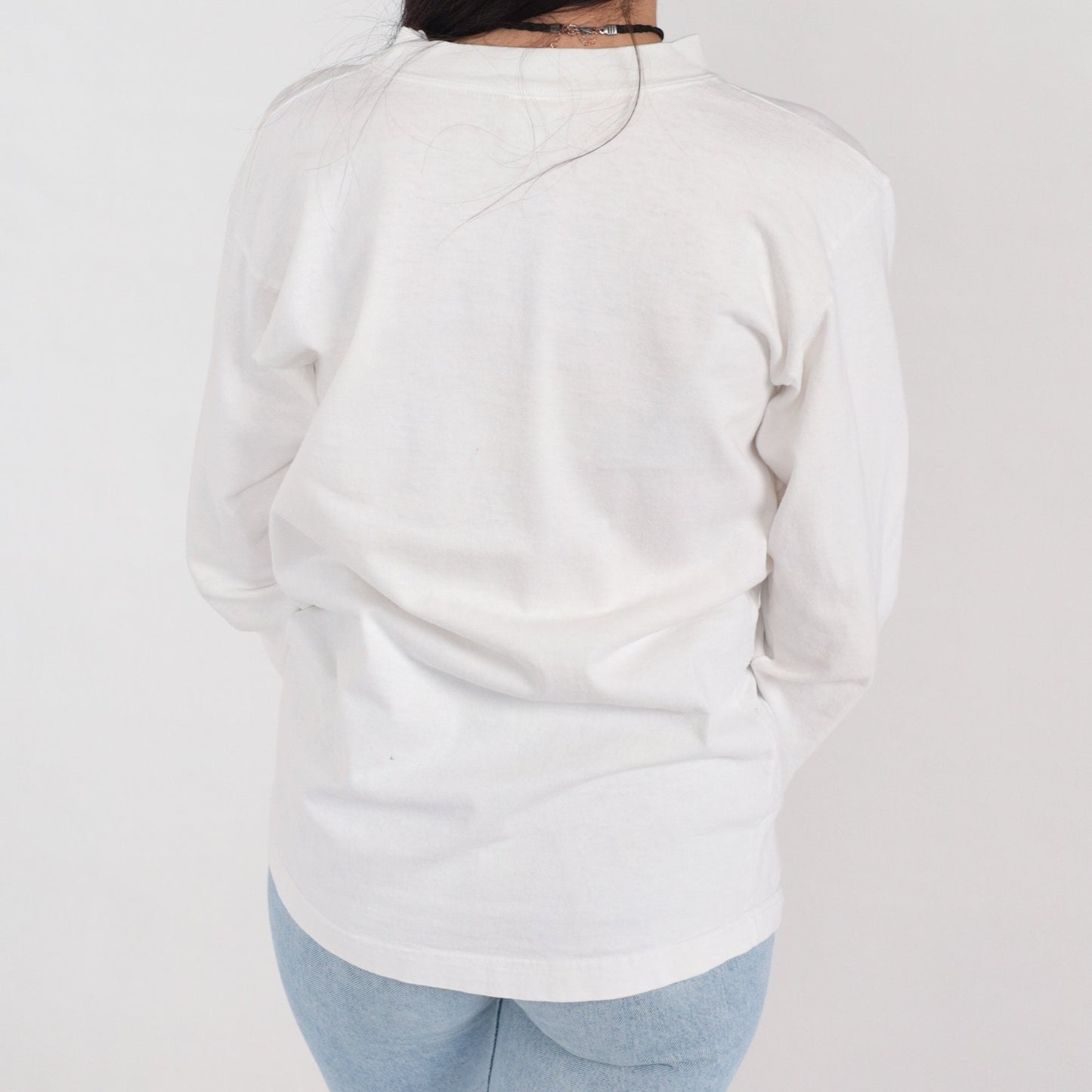 90s Plain White Cotton Long Sleeve Pocket Tee Crewneck Medium M
