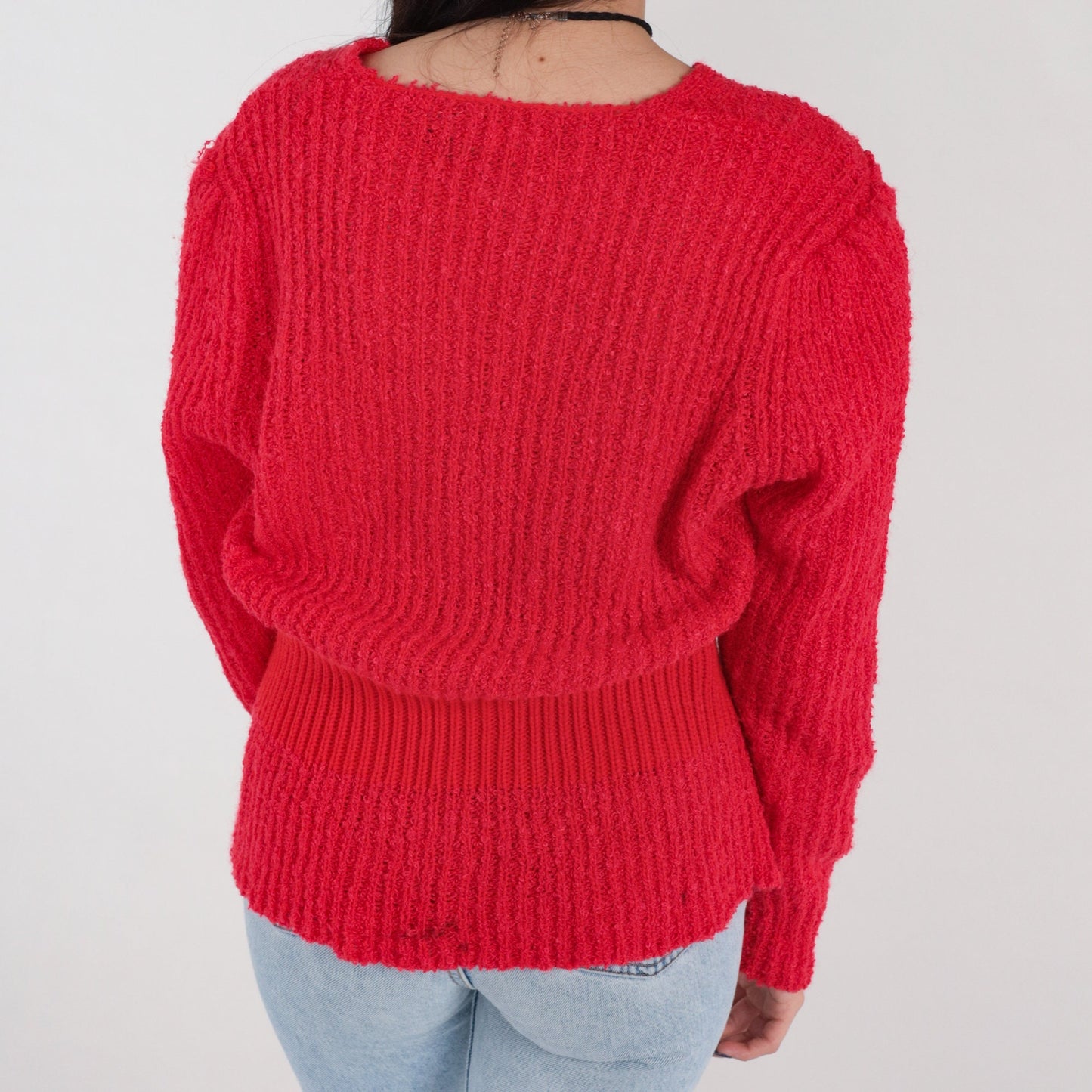 80s Red Ribbed Knit V-Neck Sweater Button Waist Medium
