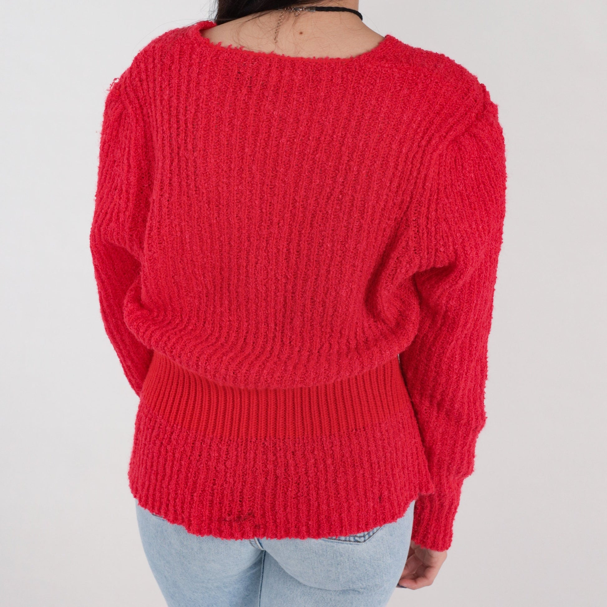 80s Red Ribbed Knit V-Neck Sweater Button Waist Medium