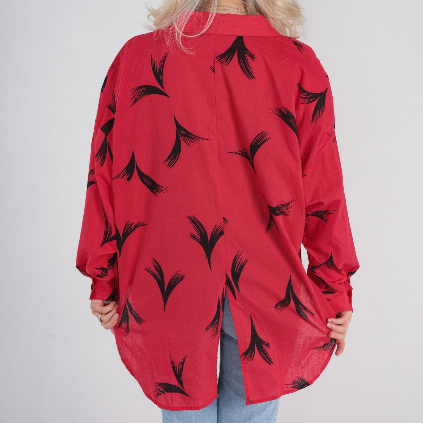90s Red Button Up Blouse Black Abstract Feather Print Long Sleeve Extra Large