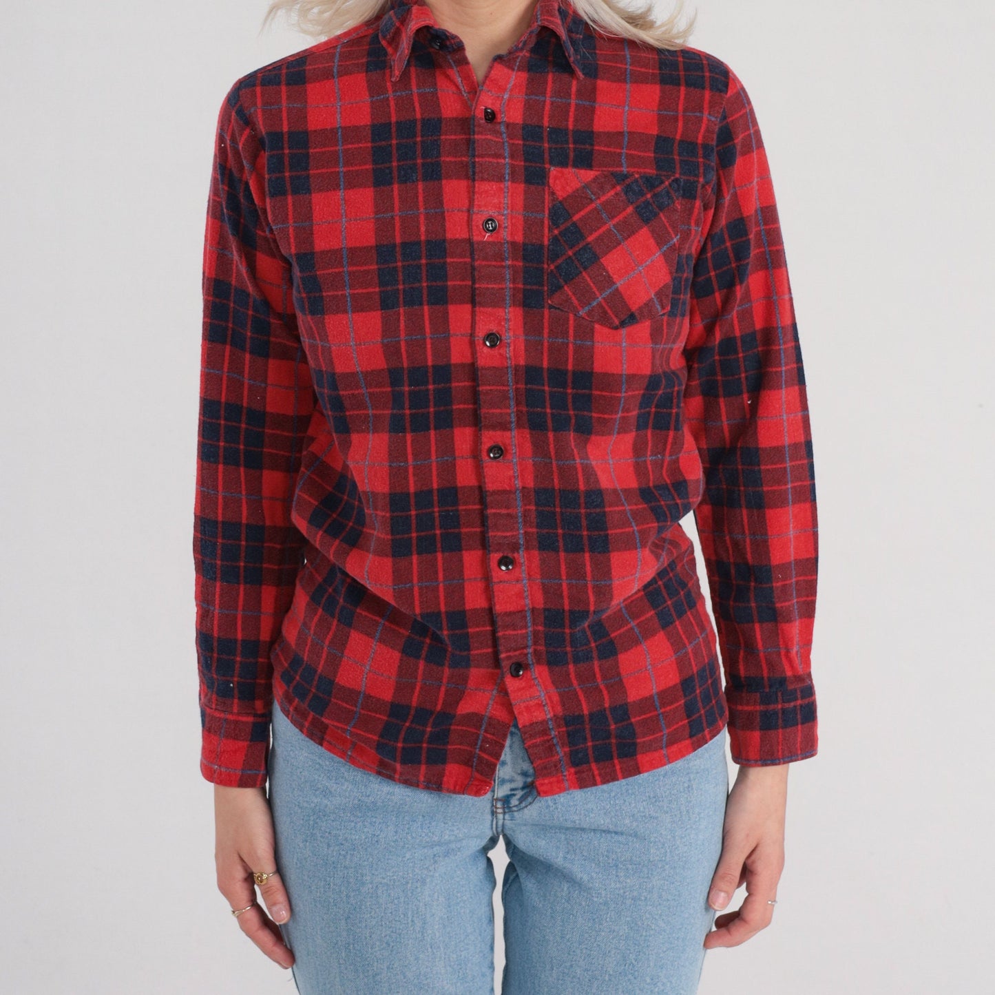 90s Red Plaid Flannel Button-Up Shirt Long Sleeve Small S