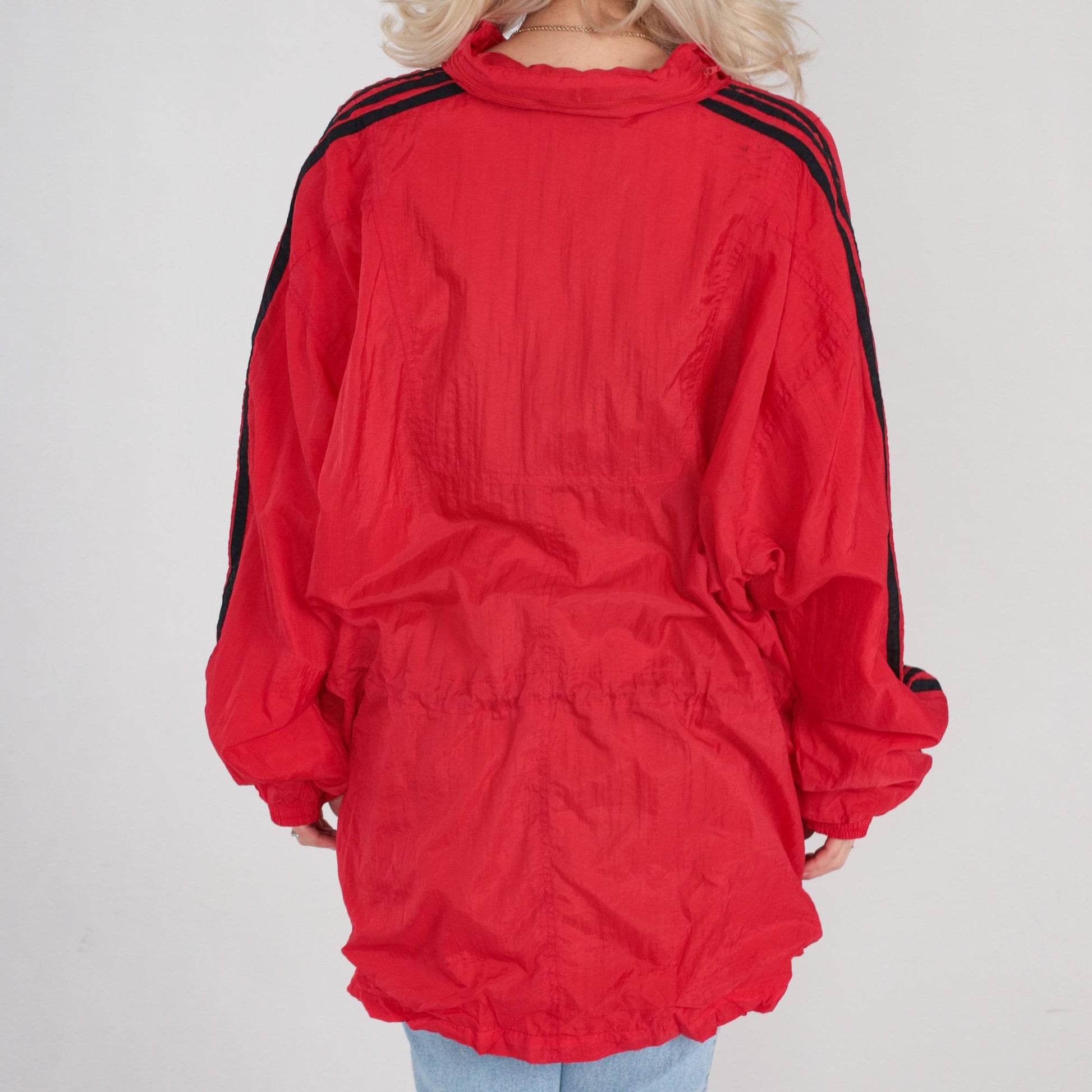 90s Red Striped Nylon Windbreaker Zip Jacket Black Sleeves Men's Extra Large