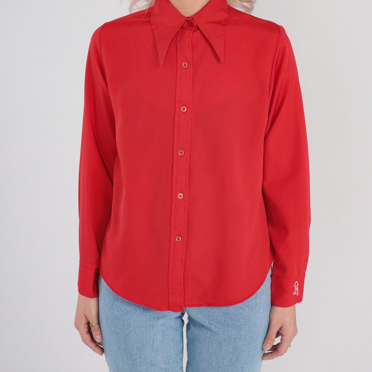 70s Winnie The Pooh Red Button Up Blouse Dagger Collar Embroidered Small S