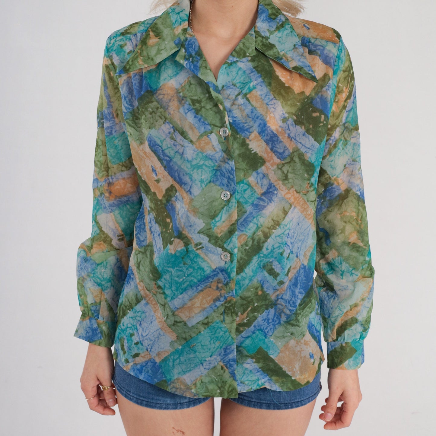70s Sheer Dagger Collar Button Up Blouse Blue Green Abstract Print Small