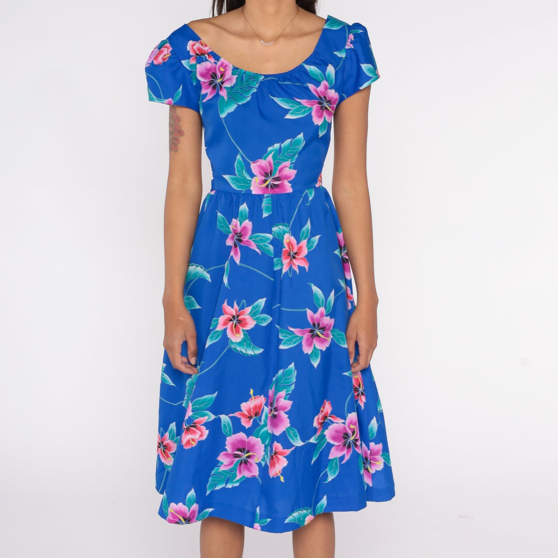 80s Tropical Floral Midi Dress Blue Keyhole Back Puff Sleeve High Waist Small