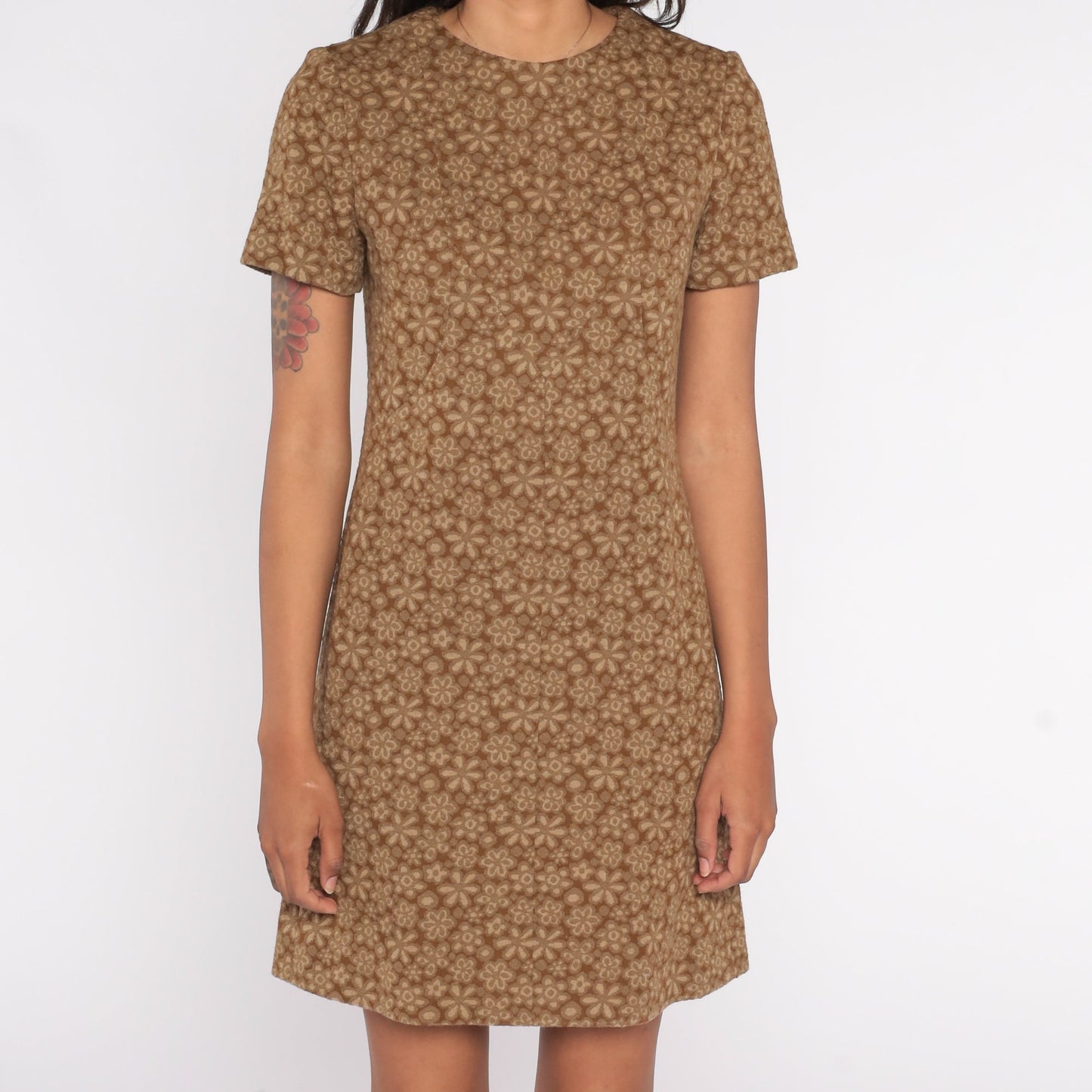 60s Floral Brown Wool Blend Shift Mini Dress Short Sleeve Extra Small