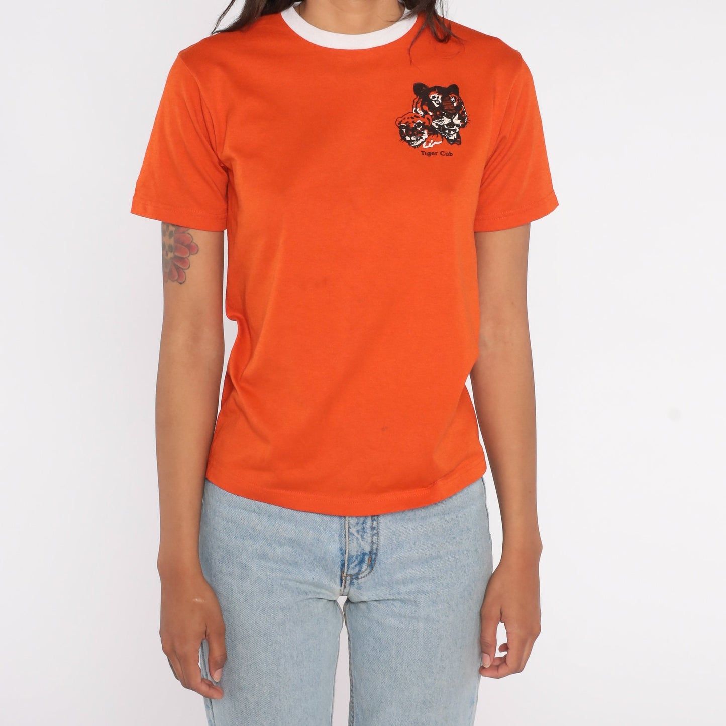 80s Tiger Cub Scout Ringer Tee Orange Graphic T-Shirt Small S