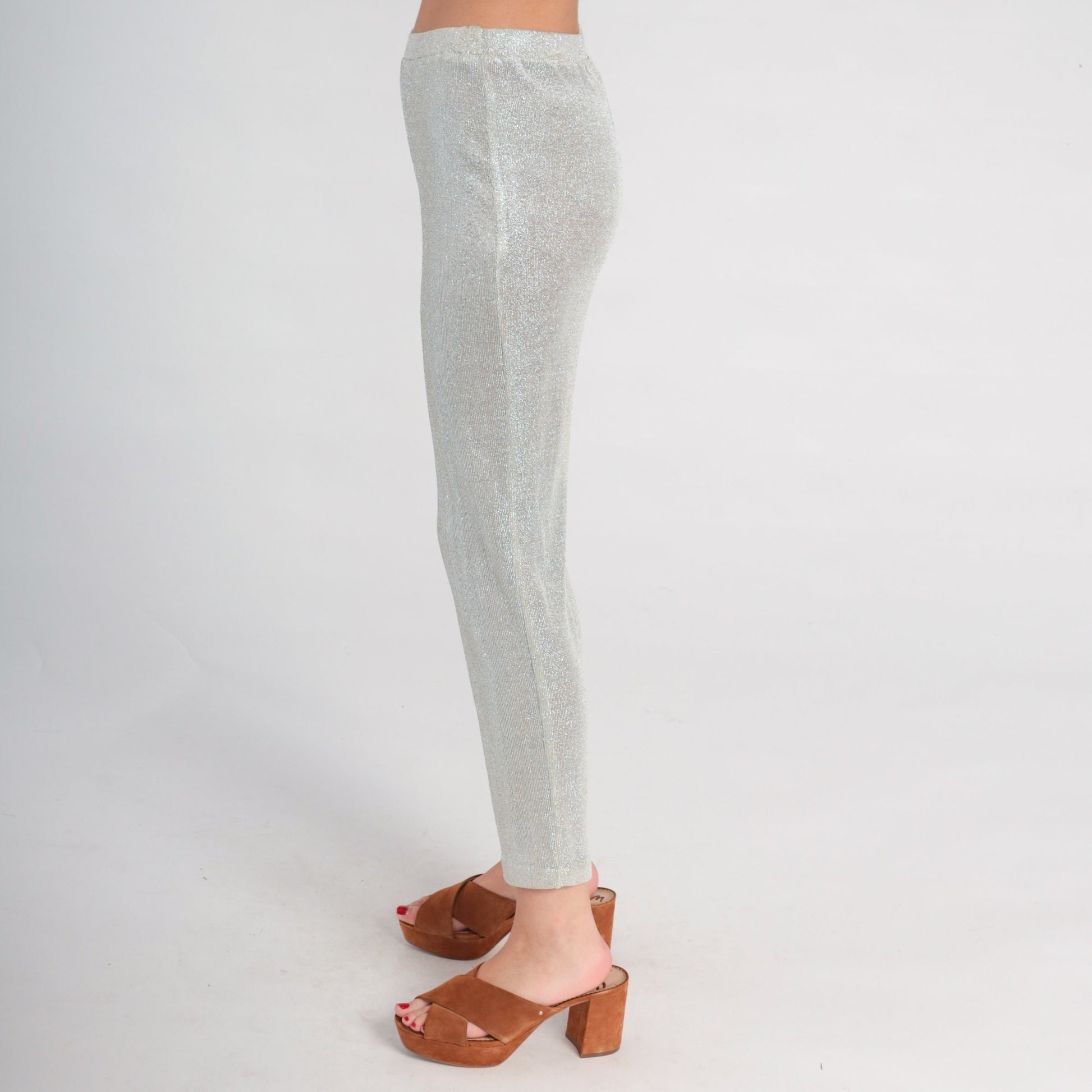 90s Metallic Silver Lurex Skinny Pants High Waist Elastic Medium