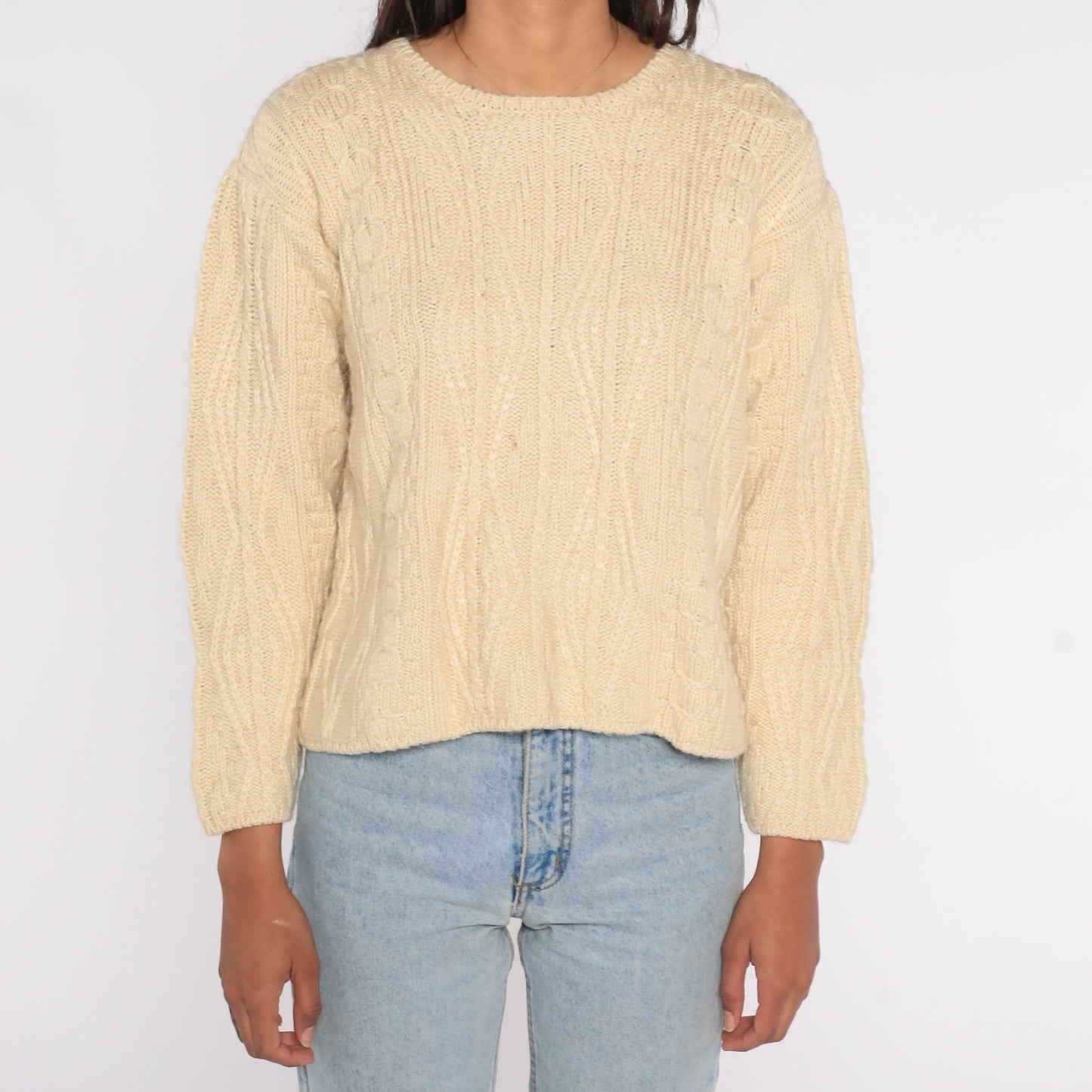 00s LL Bean Cream Wool Cable Knit Crewneck Sweater Extra Small XS