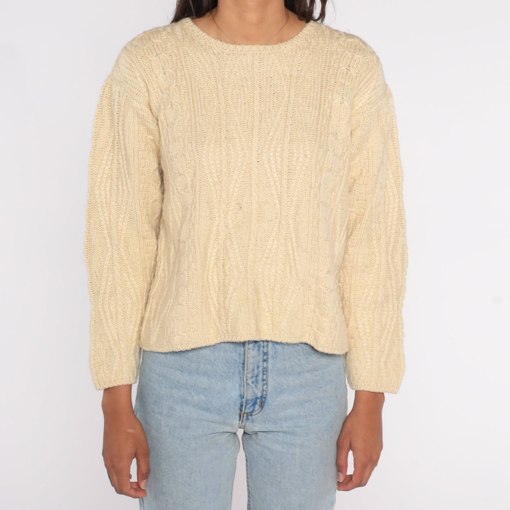 00s LL Bean Cream Wool Cable Knit Crewneck Sweater Extra Small XS