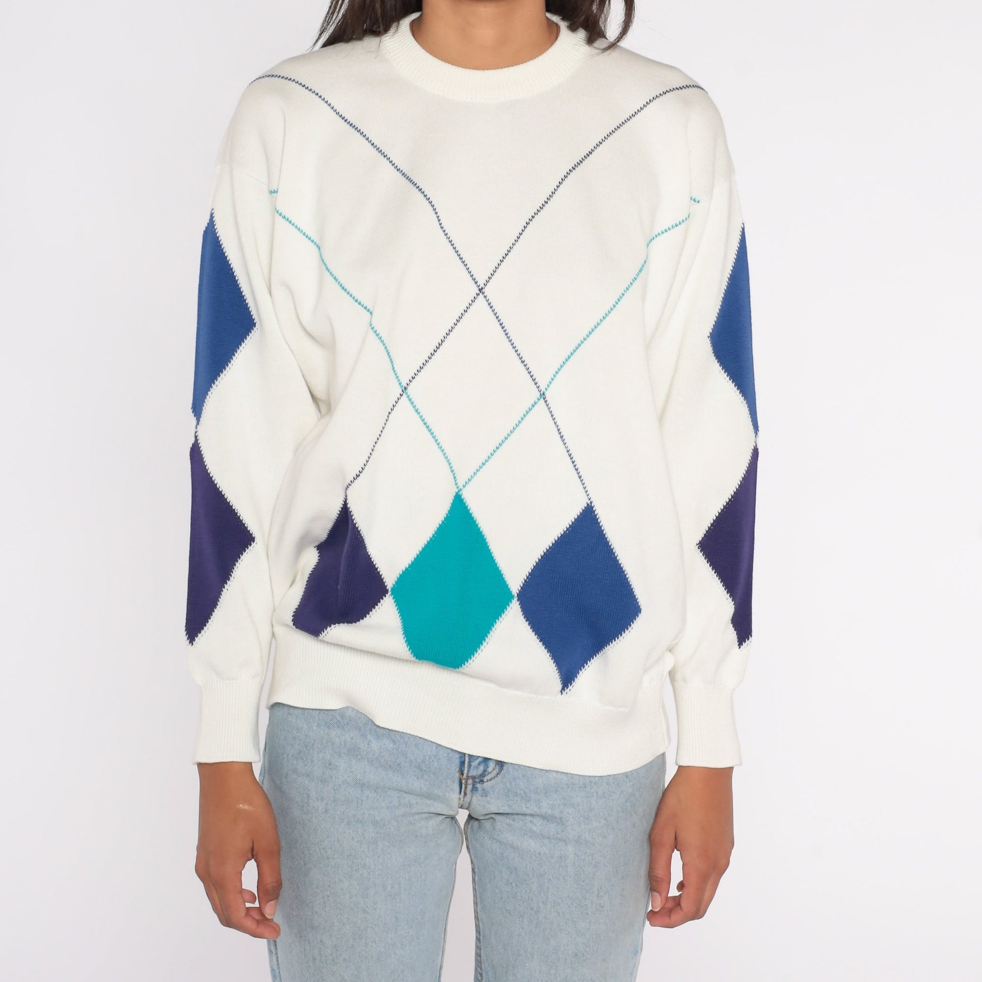 90s Geometric Diamond Jacquard Sweater White Blue Pullover Extra Large XXL