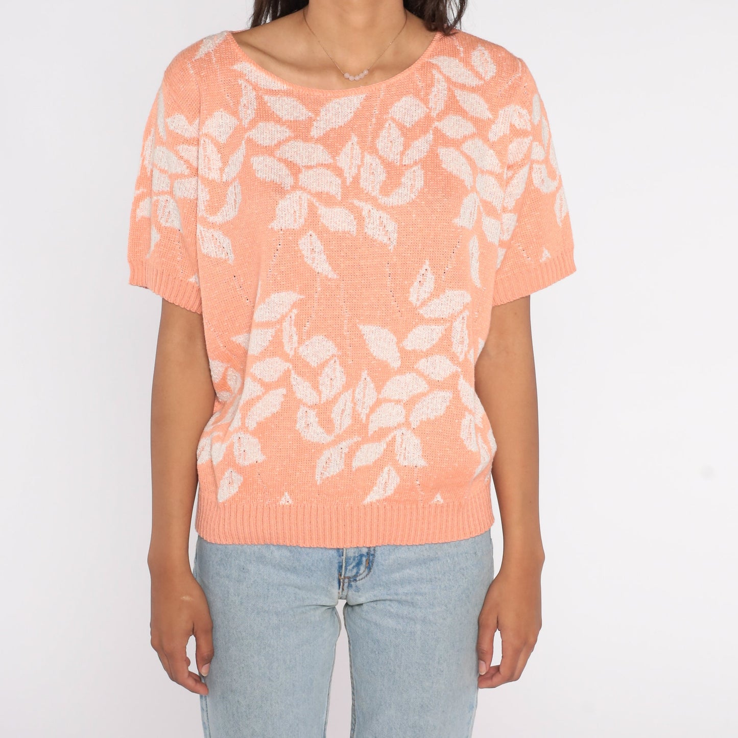 80s Orange Leaf Knit Sweater Short Sleeve Botanical Print Extra Large XXL