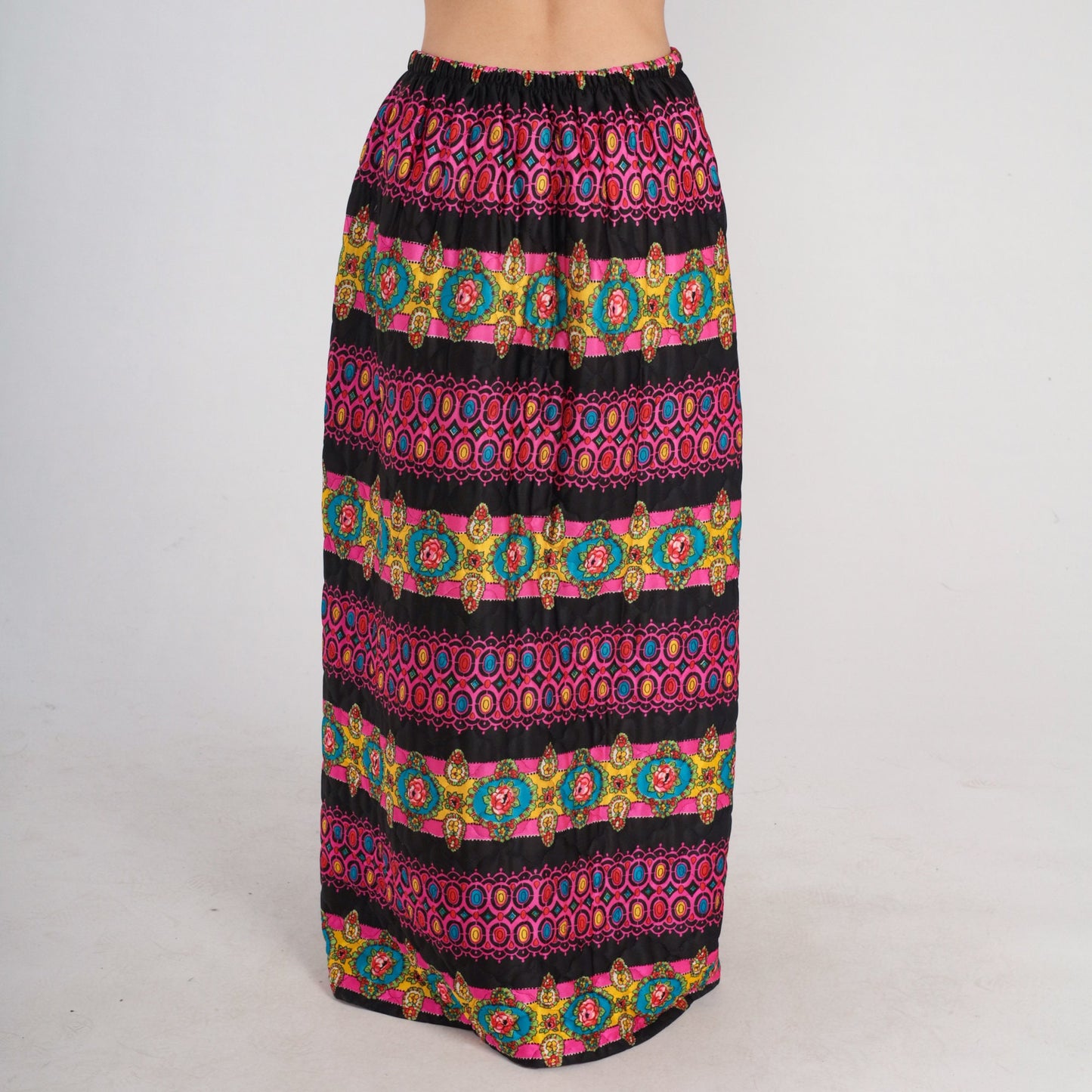 70s Quilted Maxi Skirt Floral Abstract Print High Waist Button Front Black Pink Medium Large