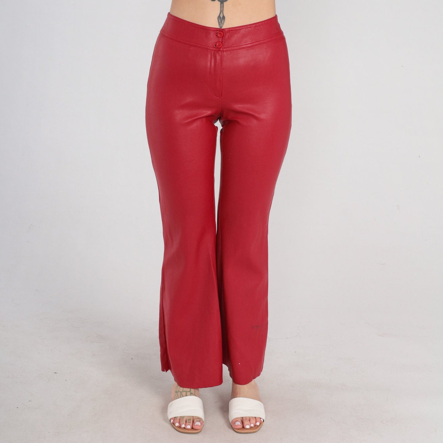 90s Red Vinyl Bell Bottom Pants Flared Trousers Mid Rise Small S