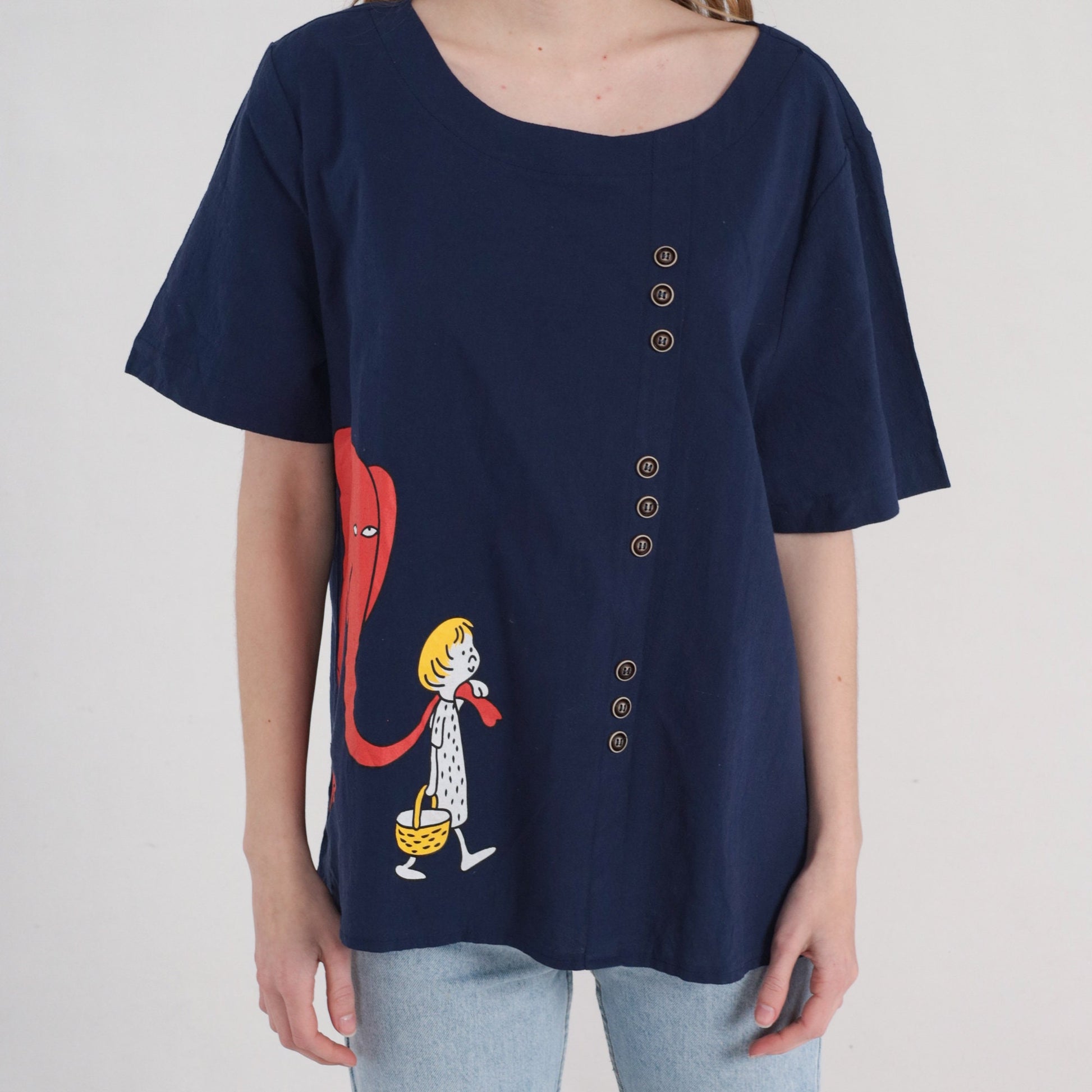 Y2K Cartoon Elephant Graphic T-Shirt Navy Blue Buttons Extra Extra Large XXL