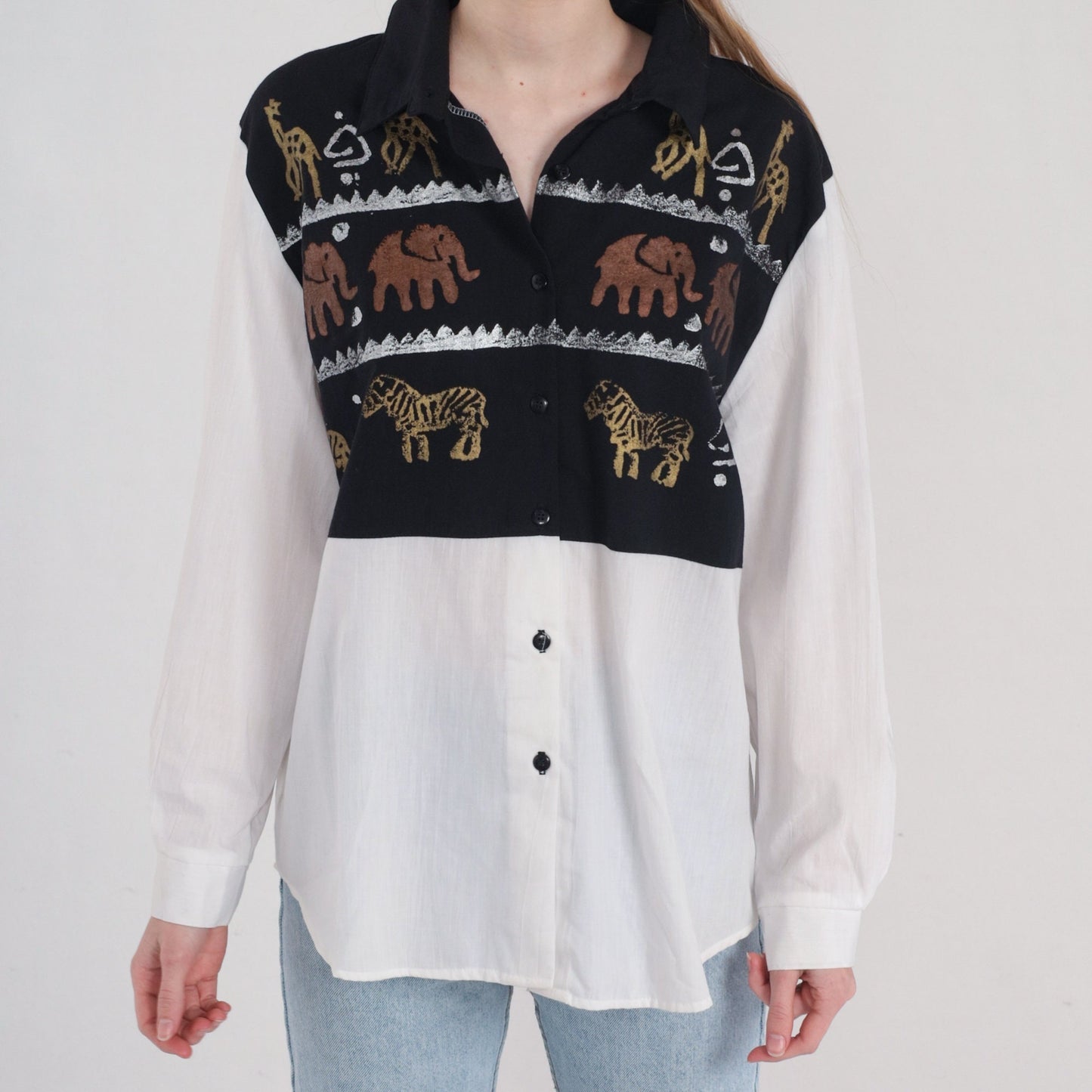 90s Safari Animal Button-Up Blouse White Glitter Giraffe Elephant Zebra Large L