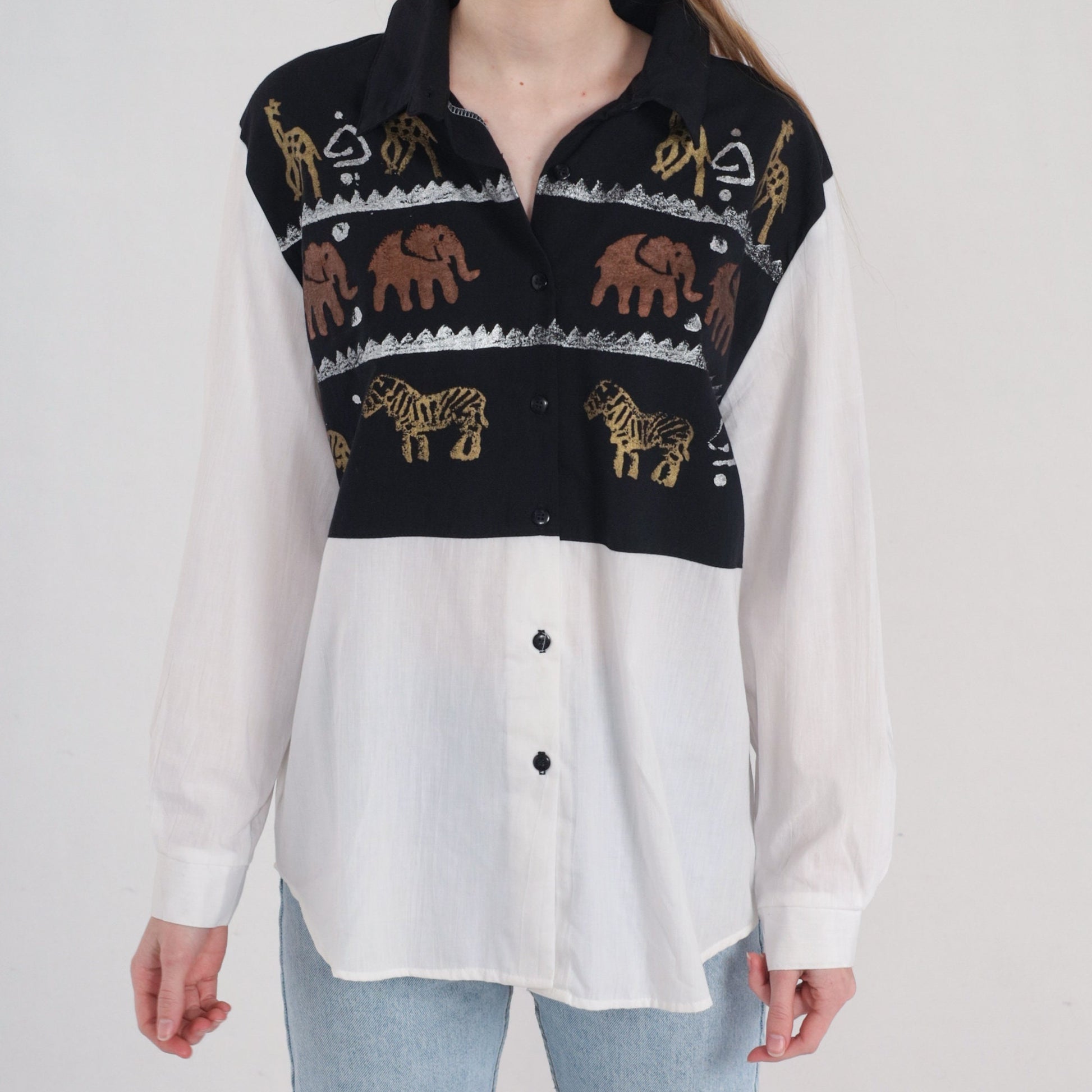 90s Safari Animal Button-Up Blouse White Glitter Giraffe Elephant Zebra Large L