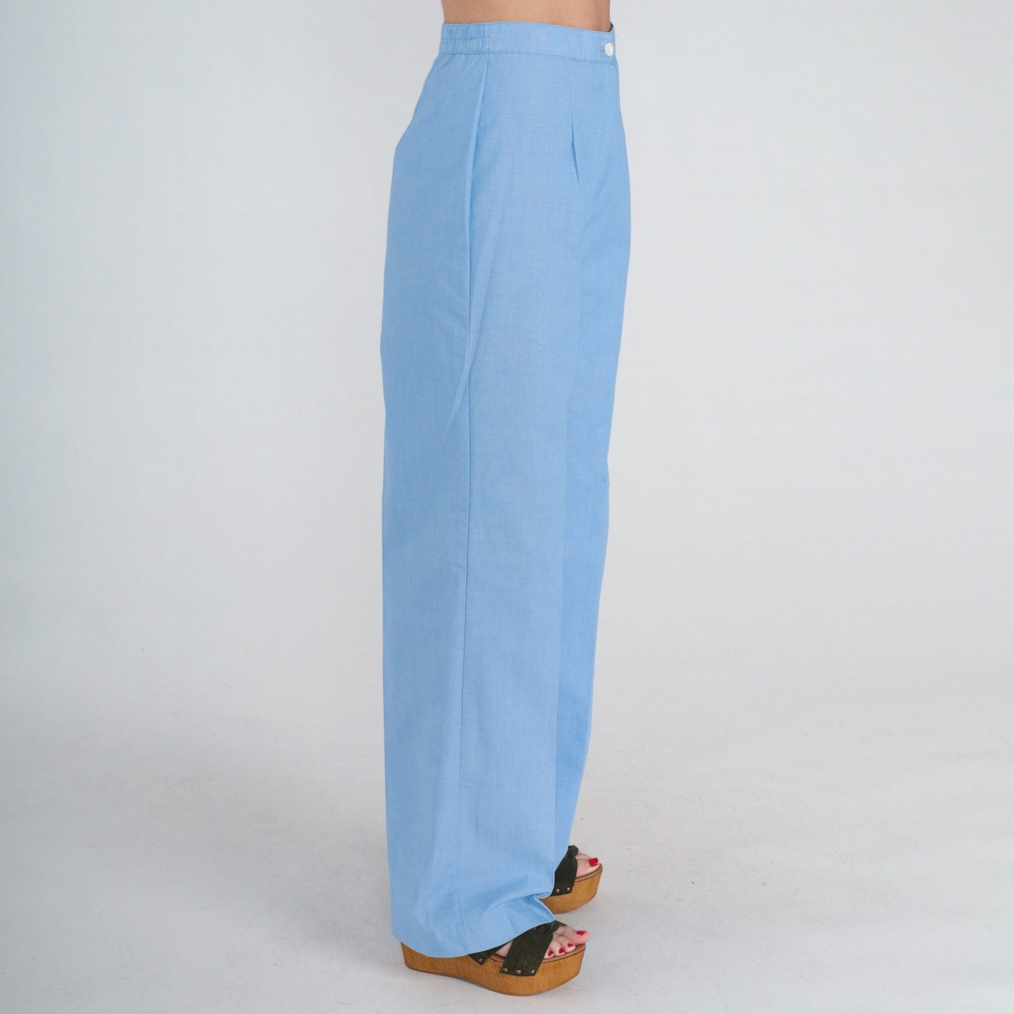 70s Blue High-Waisted Straight Leg Trousers Pleated Crease Small