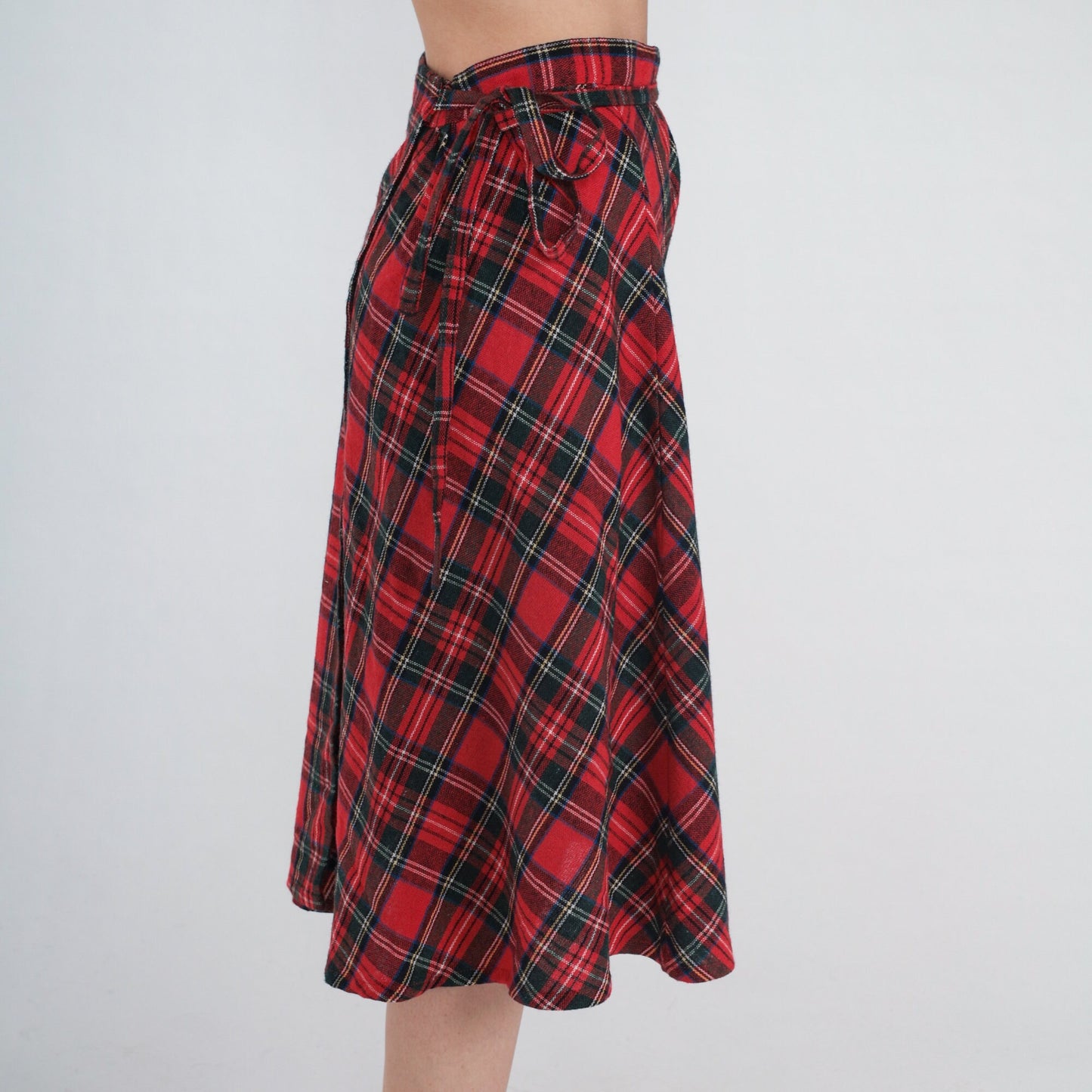 80s Red Plaid Wool Blend Midi Wrap Skirt High Waist Small Medium