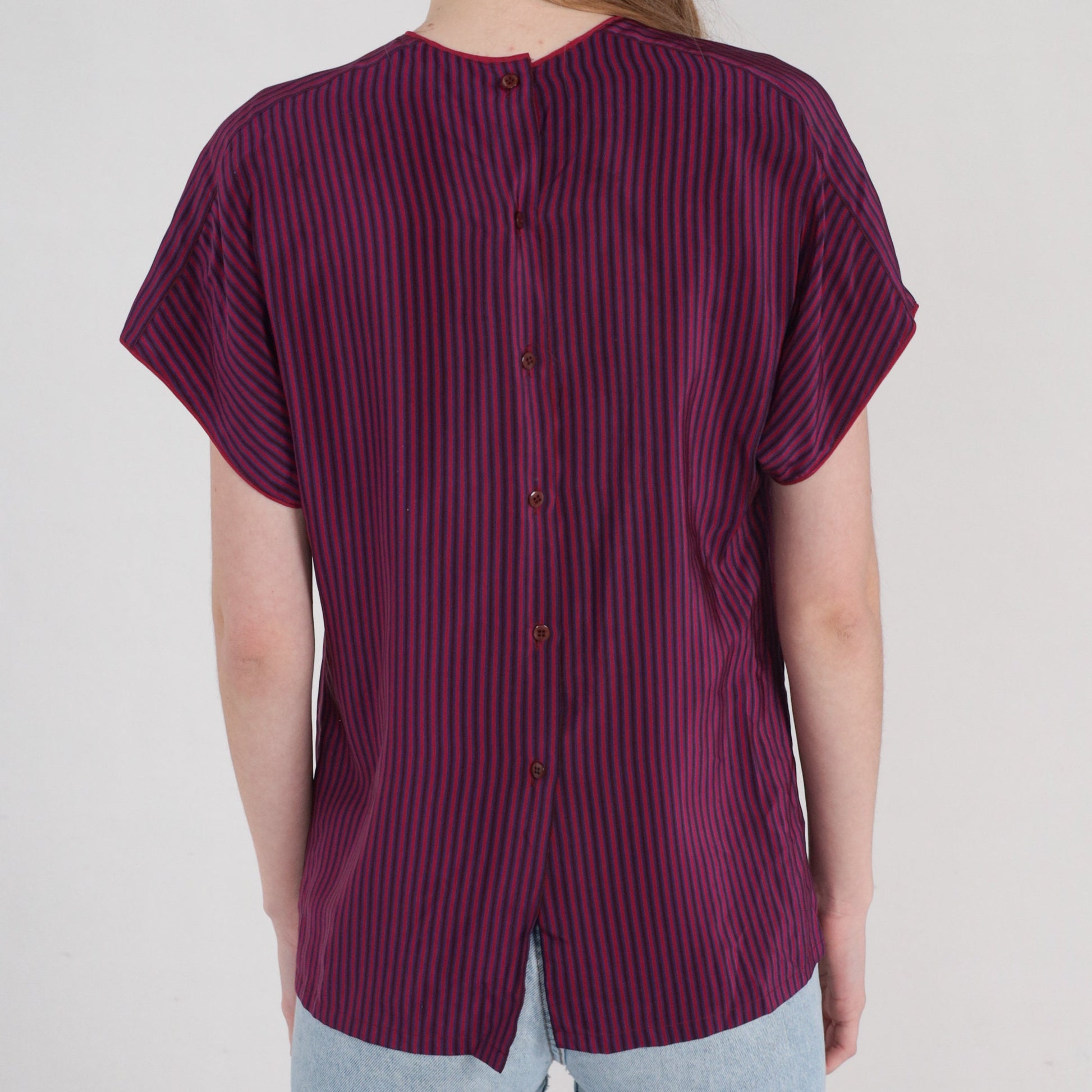 90s Silk Blouse Red Blue Striped Short Sleeve Button Back Small