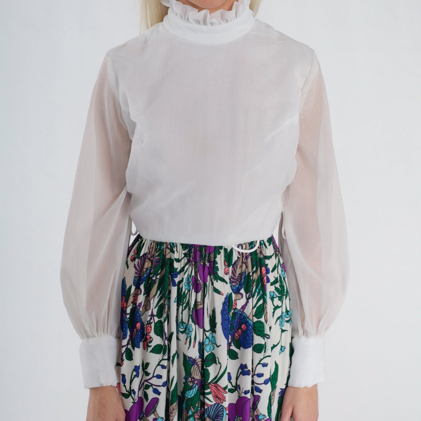 70s Mushroom Print Mini Dress White High Ruffle Neck Sheer Sleeves Small