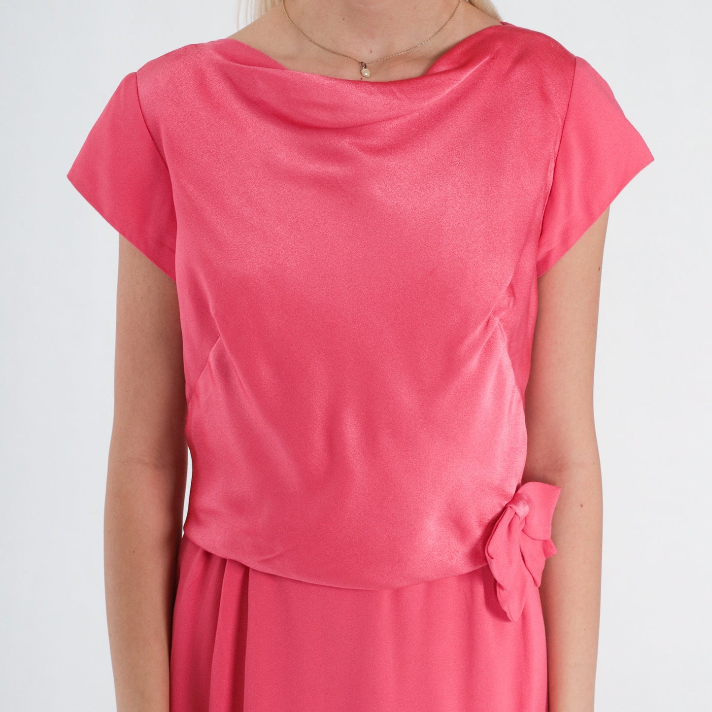 60s Pink Shift Dress Cowl Neck Cap Sleeve Bow Waist Knee Length Medium M