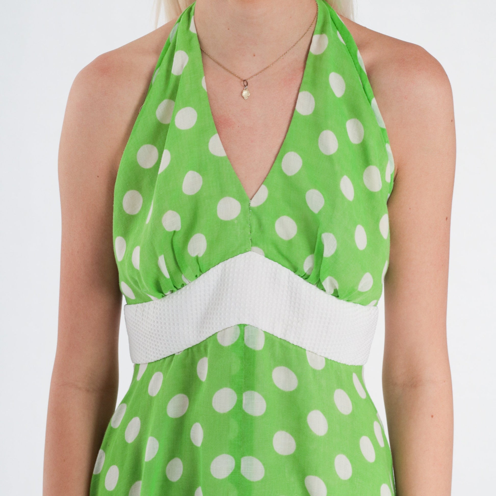 70s Green Polka Dot Halter Mini Dress Empire Waist Low Back Small