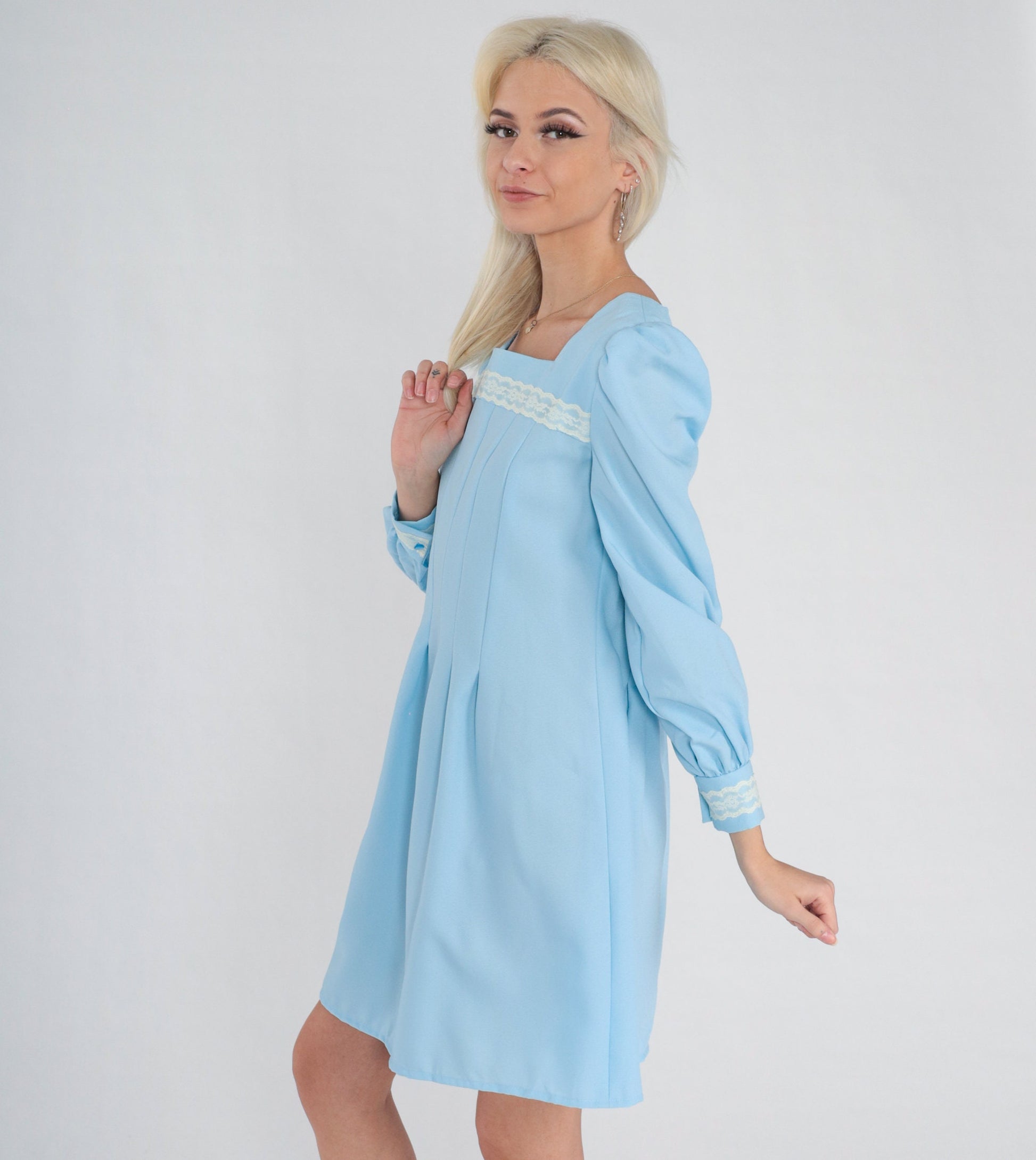 70s Blue Mini Dress Puff Sleeve Pleated Lace Trim Small